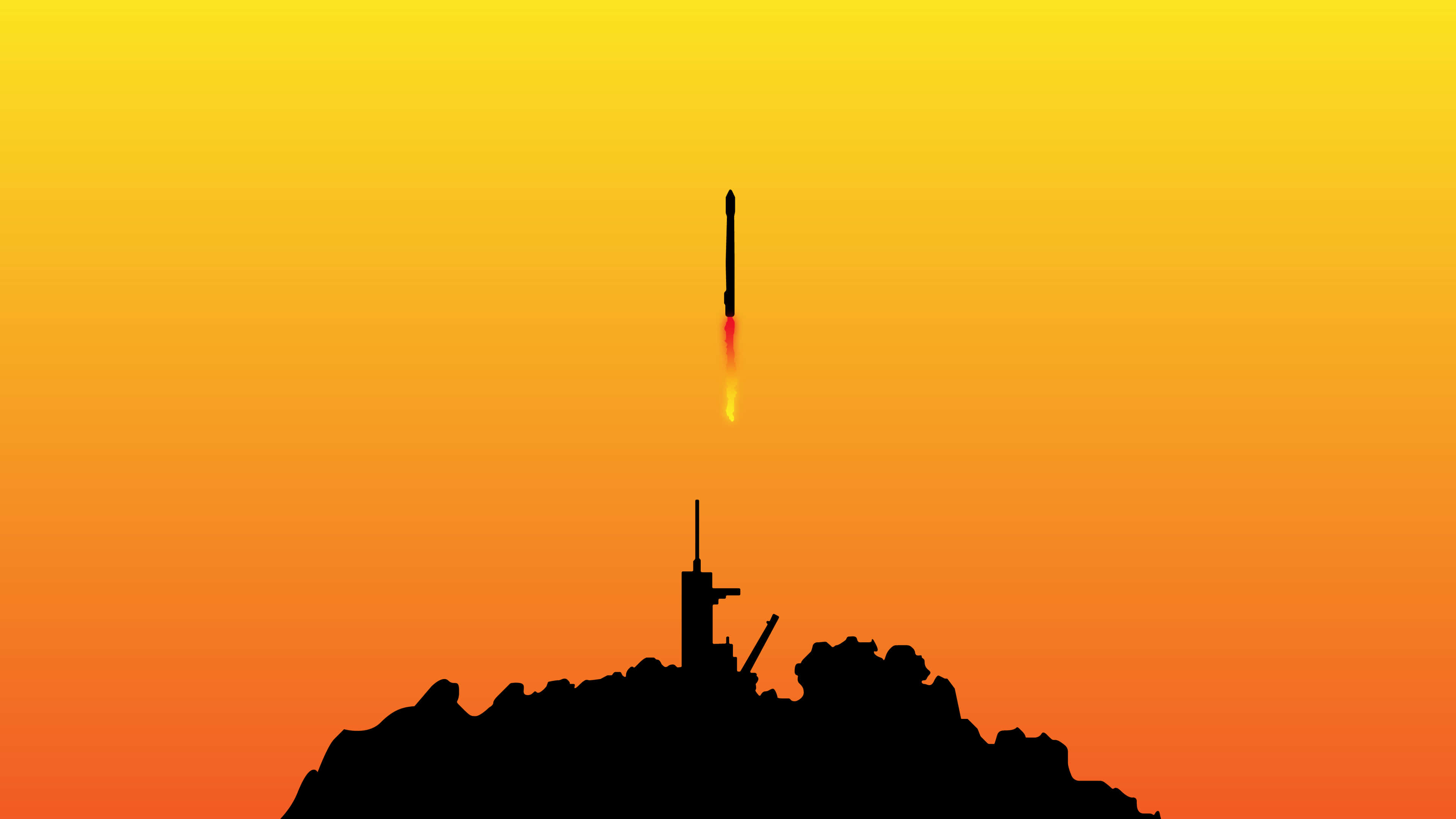 minimalist space, rocket, silhouetted launchpad, 4K Desktop Wallpaper