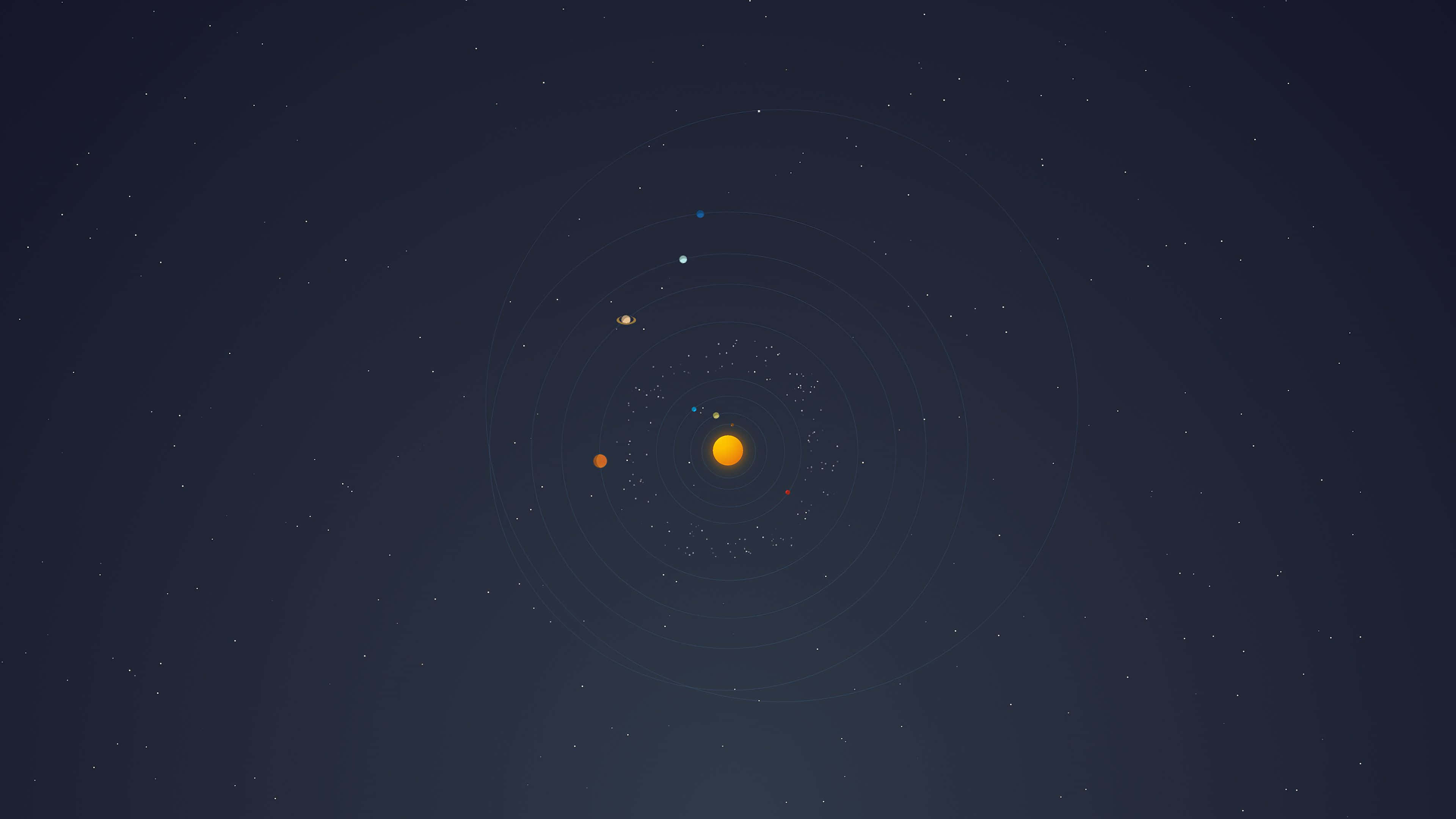 minimalist space, solar system, glowing yellow sun, 4K Desktop Wallpaper