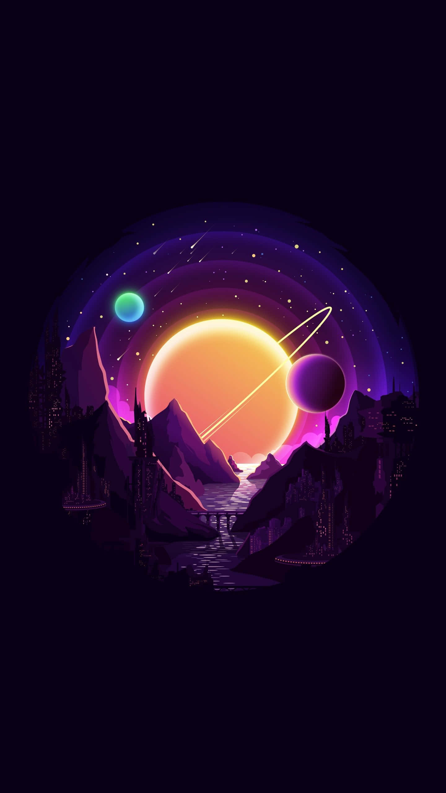 minimalist space, glowing orange sun, rings, 2K Phone Wallpaper