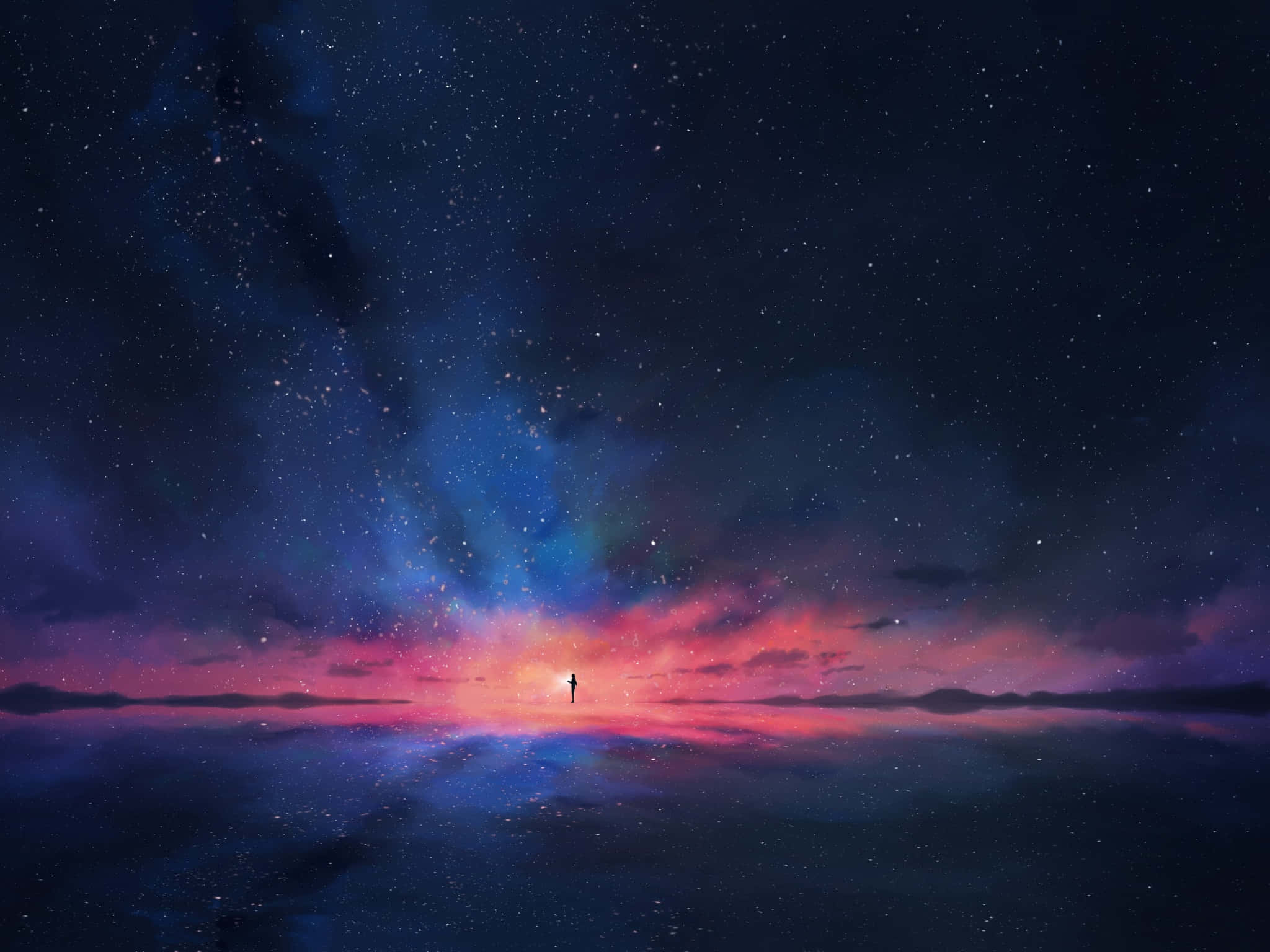 Minimalist Space, reflective surface, vast starry sky, Full HD Desktop Wallpaper
