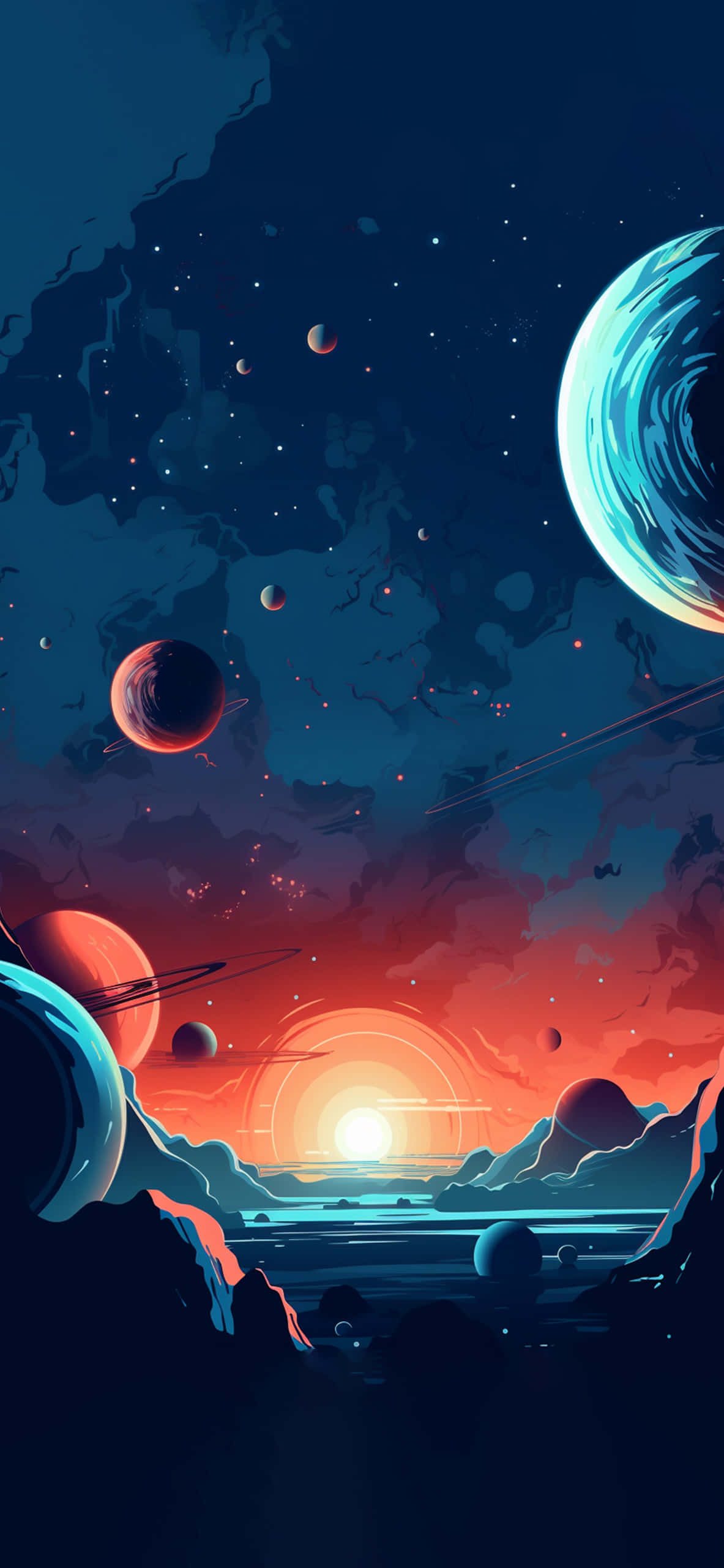 Minimalist Space, surreal sunset, alien seas, 2K Phone Wallpaper