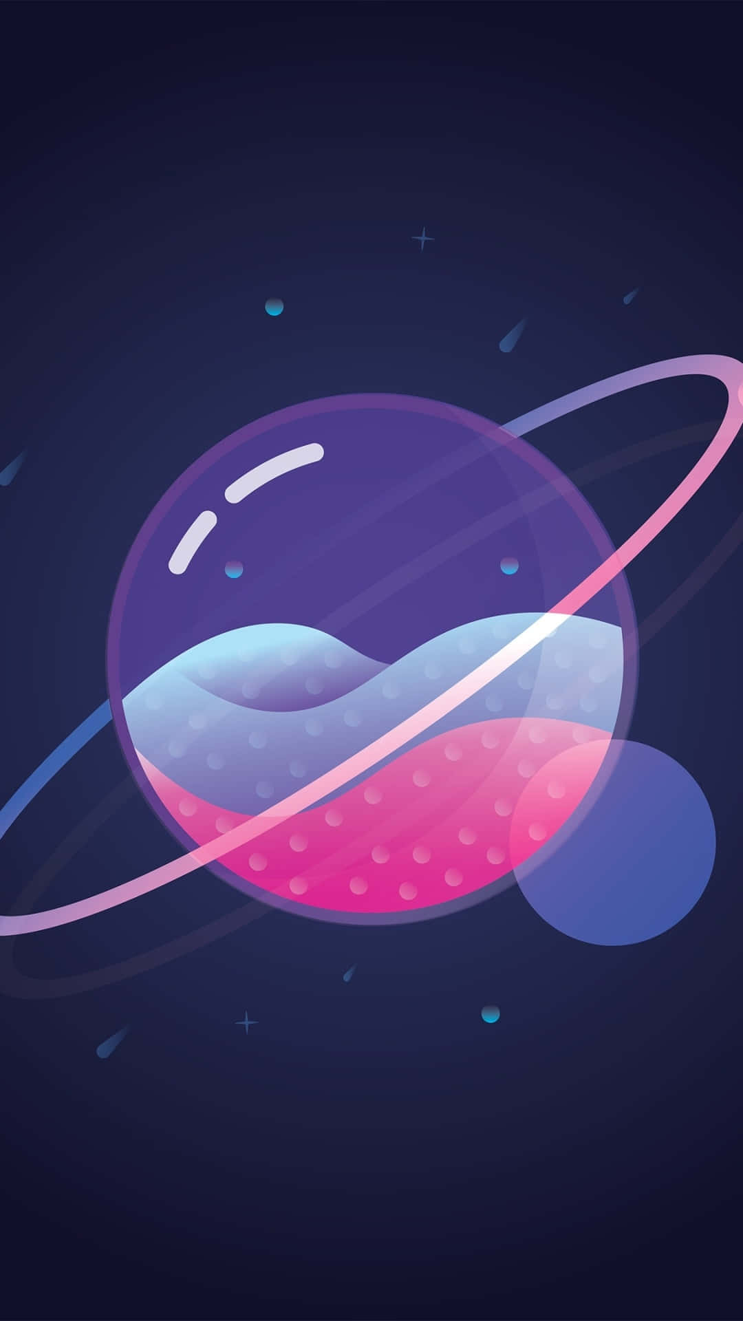 Minimalist Space, purple planet, pink and blue waves, Full HD Phone Wallpaper