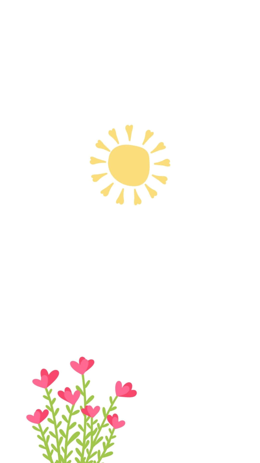 minimalist spring sun and flowers, yellow sun with rays, pink heart-shaped flowers, Full HD Phone Wallpaper