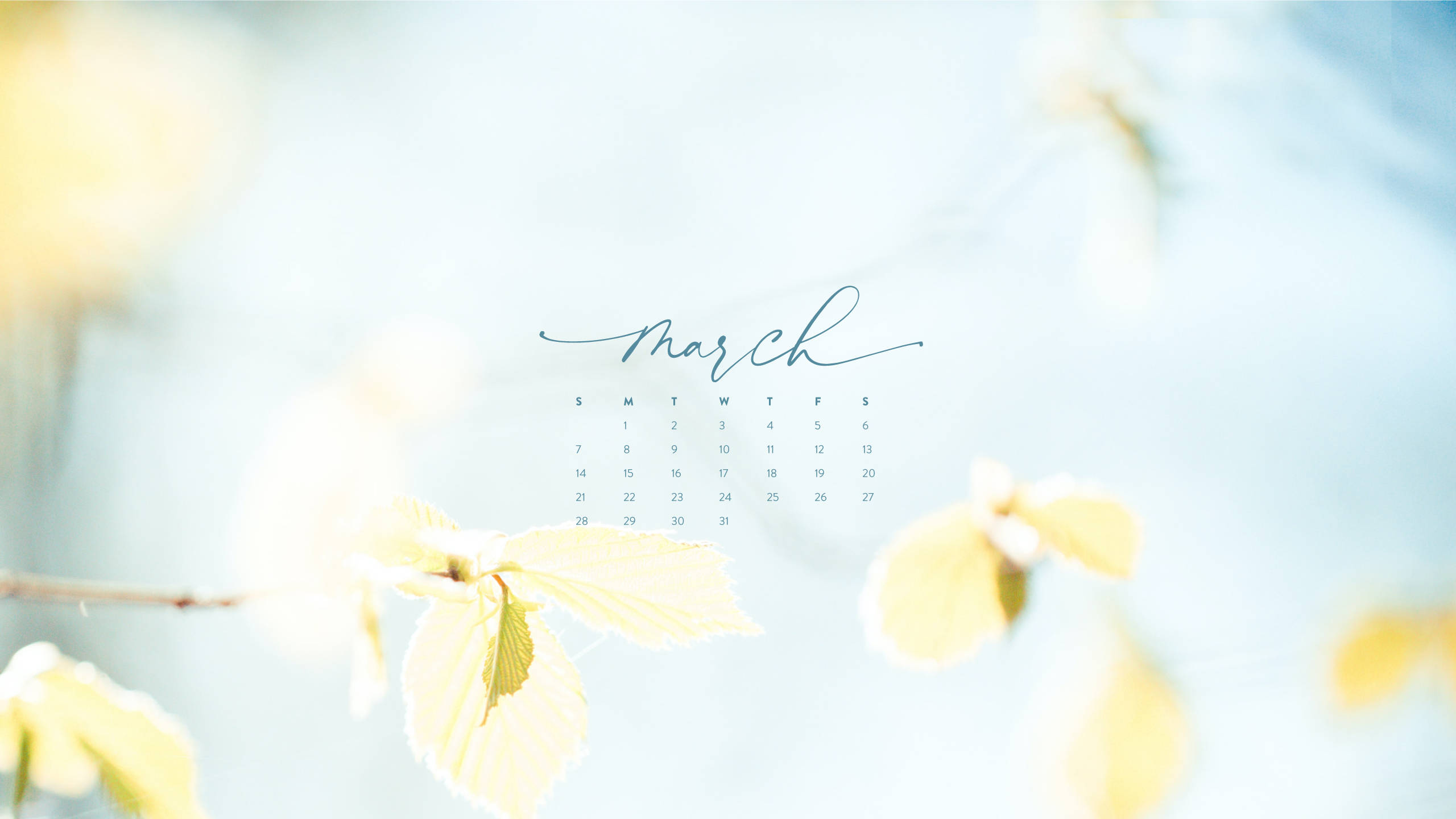 Minimalist March Spring Calendar, soft yellow spring leaves, hazy blue sky, 2K Desktop Wallpaper