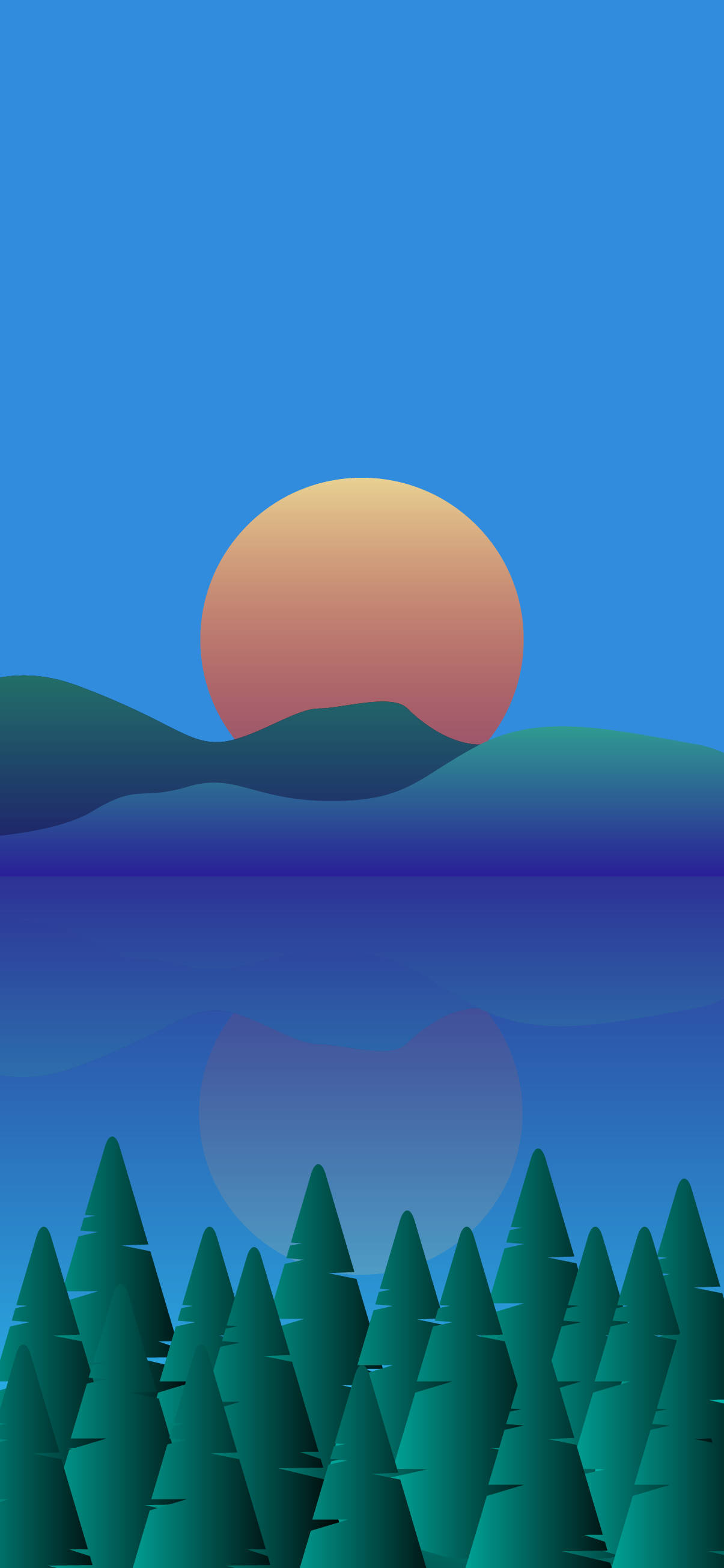 Lake Sunset Minimalist Phone, gradient orange sun, rolling hills, 2K Phone Wallpaper