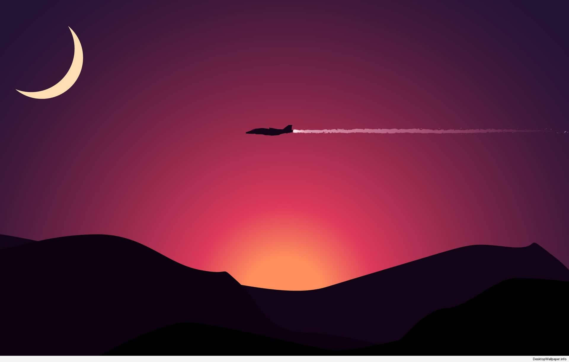 sunset, twilight sky, crescent moon, Full HD Desktop Wallpaper