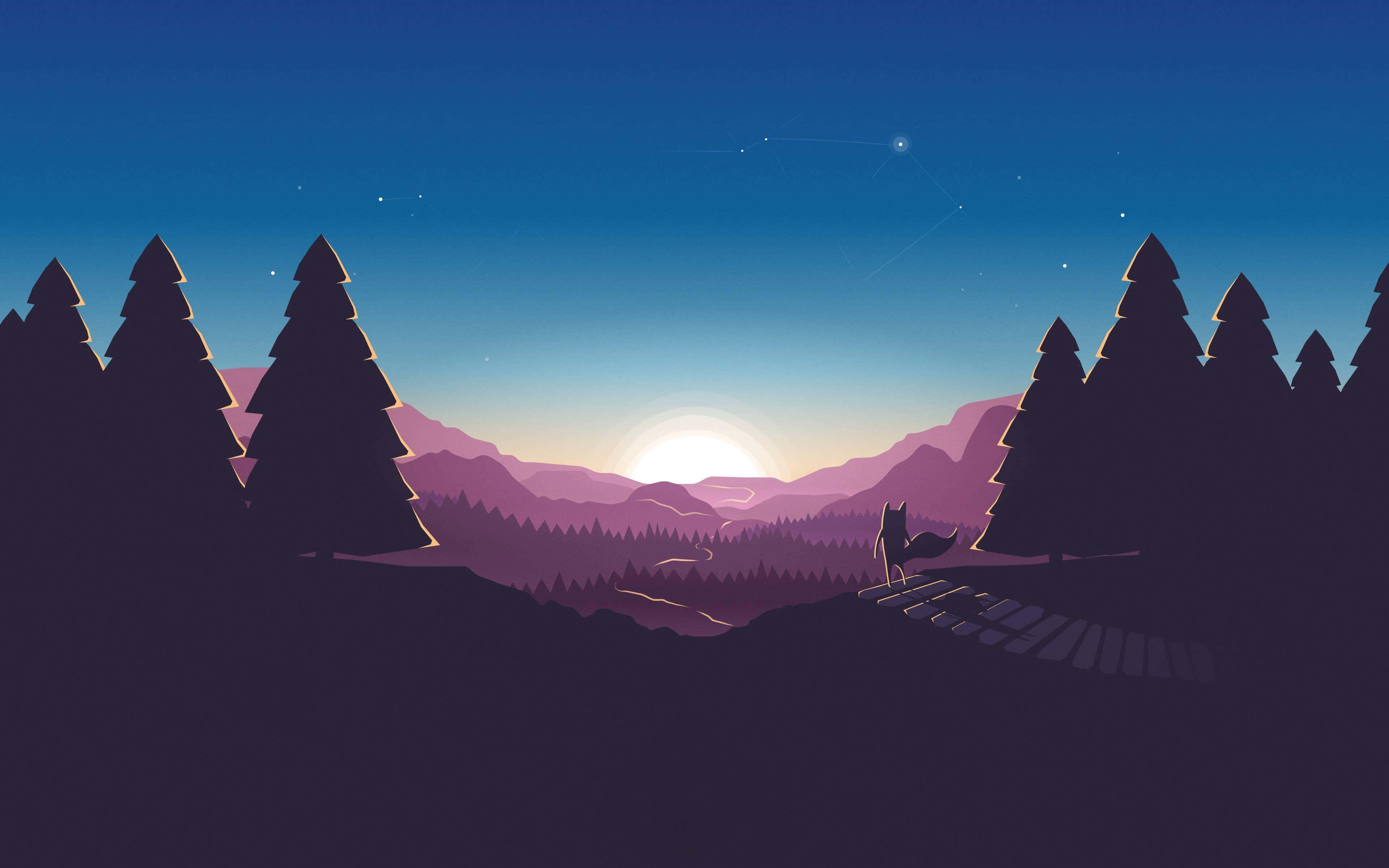 minimalist sunset, twilight, purple mountains, 4K Desktop Wallpaper