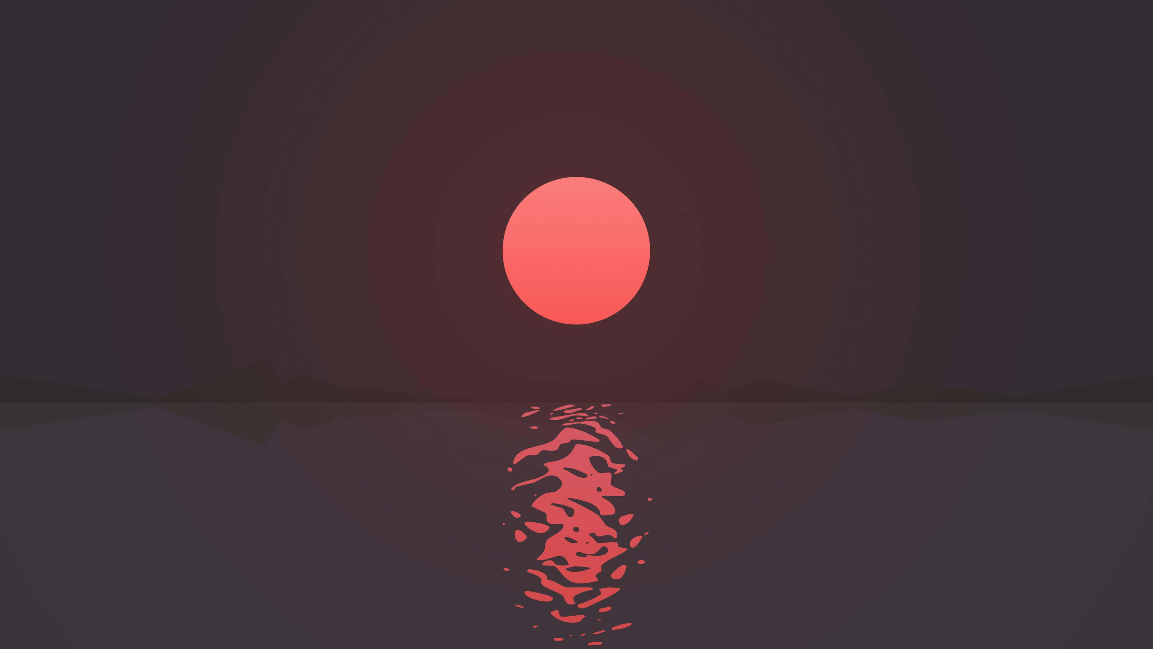Minimalist Sunset, glowing orange sun, calm water, 4K Desktop Wallpaper