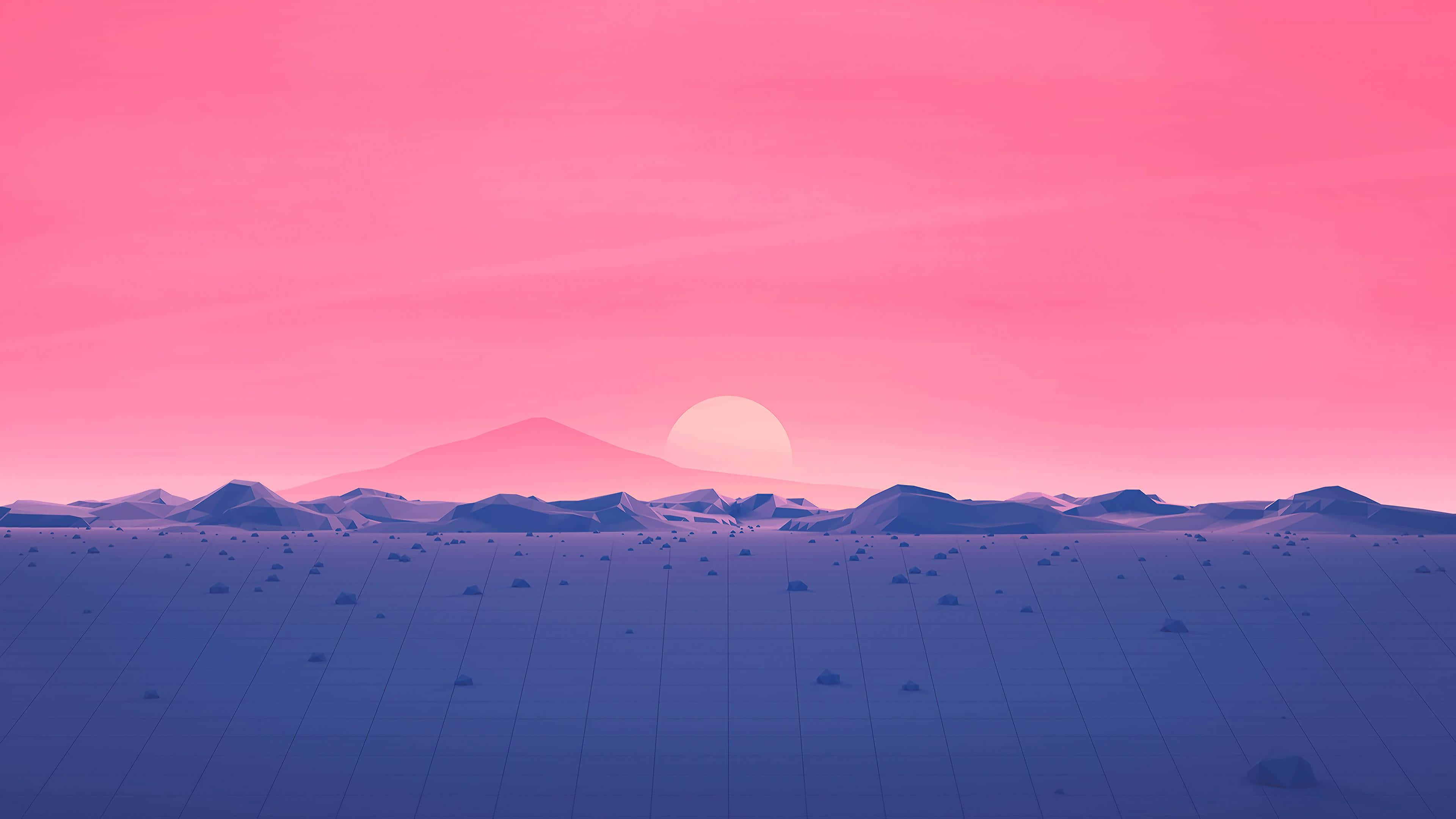 Minimalist Sunset, pink sunset, purple mountains, 4K Desktop Wallpaper