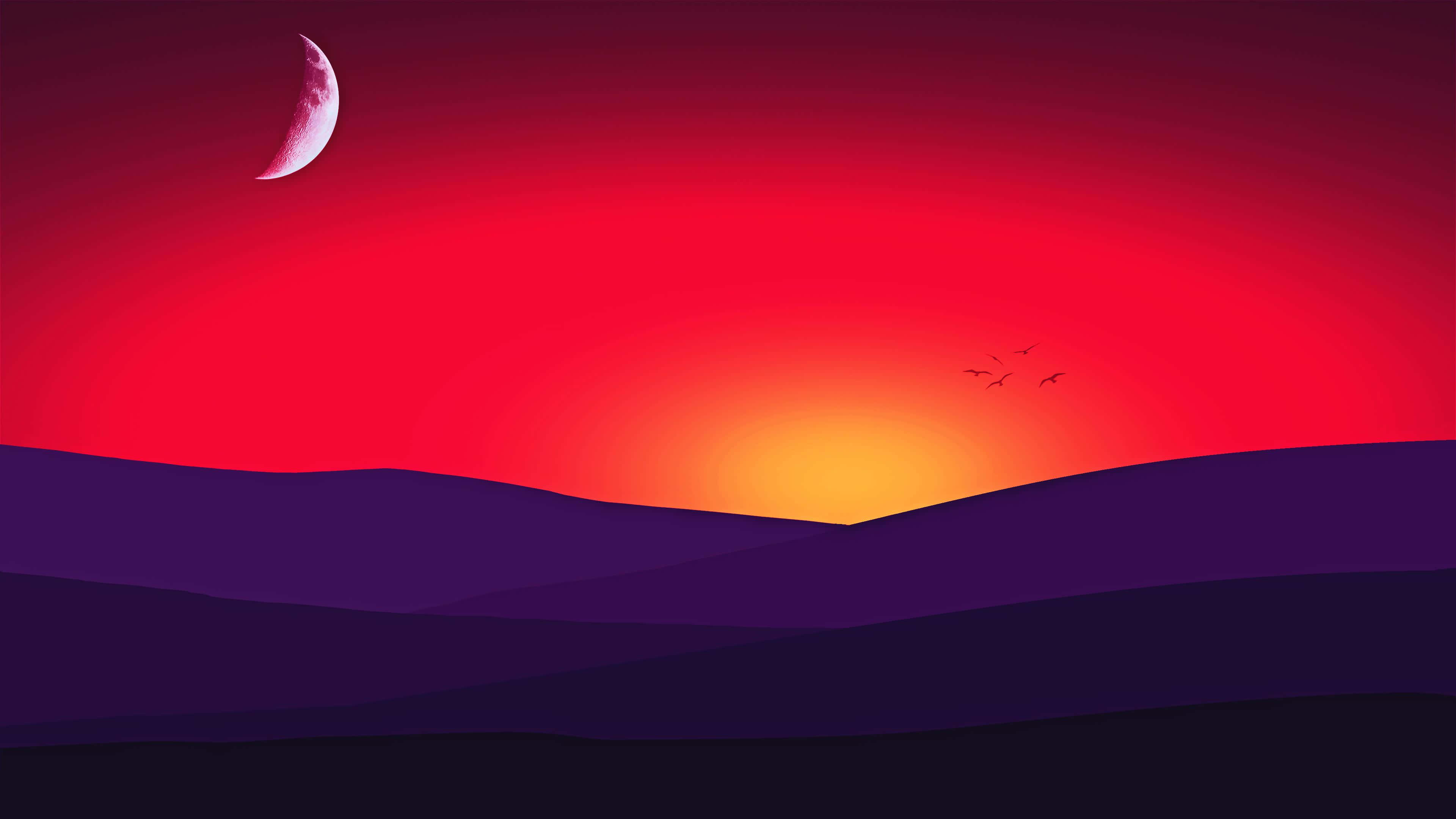 Minimalist Sunset, purple hills, crescent moon, 4K Desktop Wallpaper