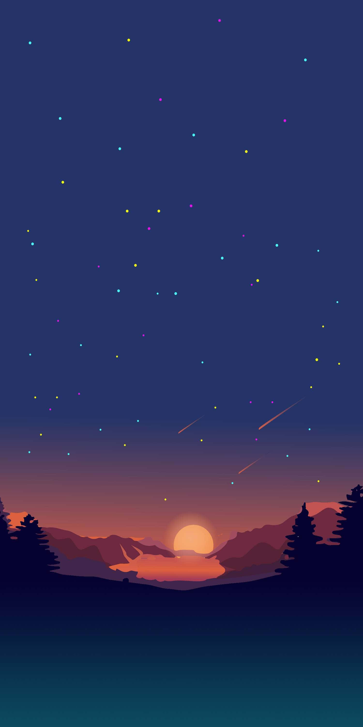 Minimalist Sunset, twilight landscape, glowing sun, 2K Phone Wallpaper