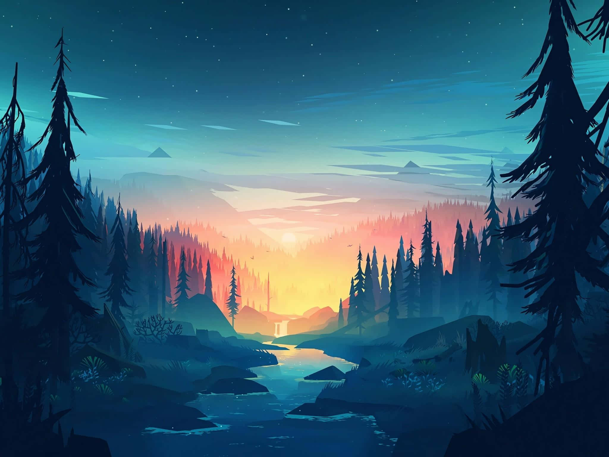 Minimalist Sunset, twilight forest, glowing river, Full HD Desktop Wallpaper