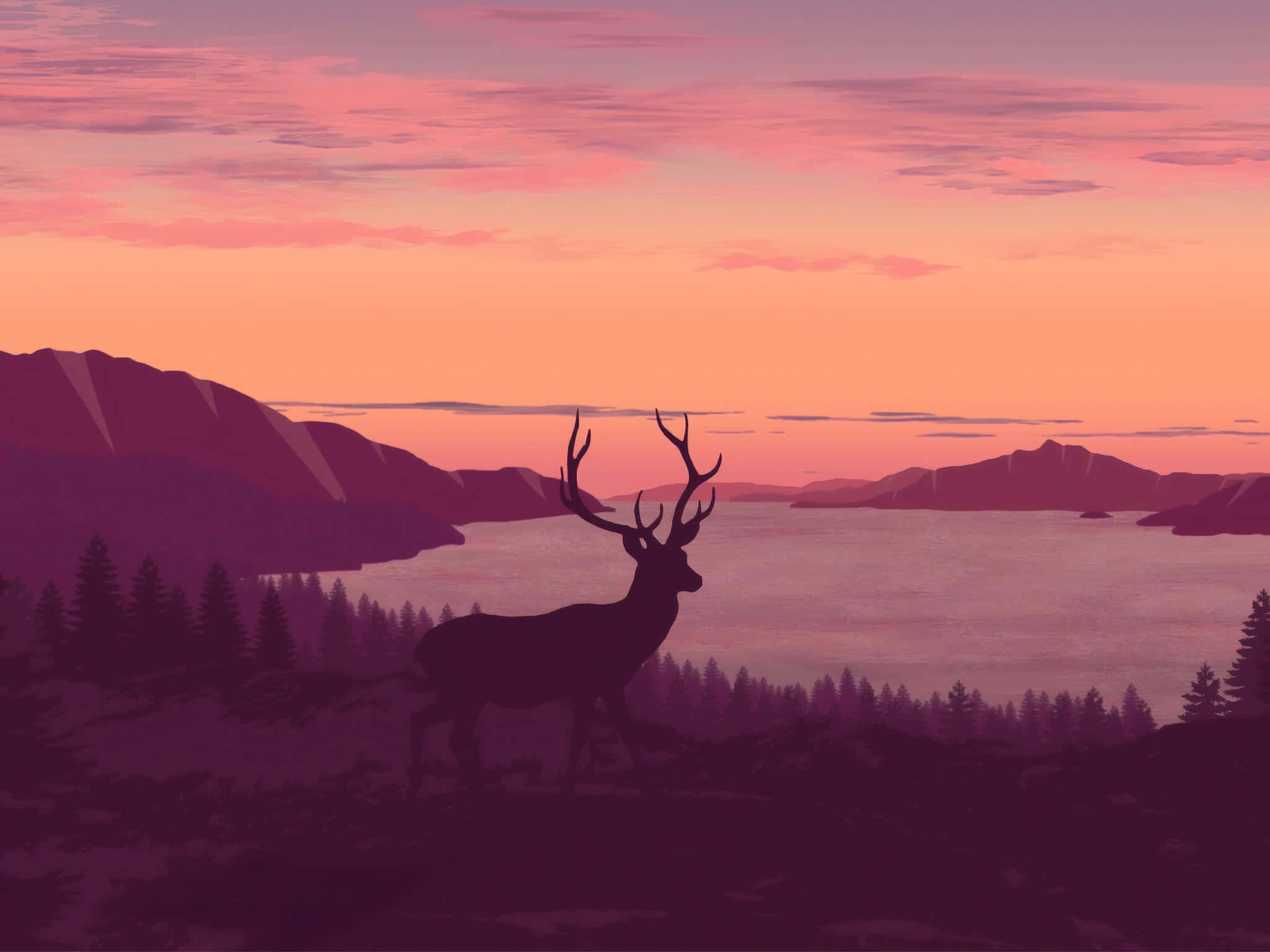 Minimalist Sunset, deer silhouette, hill, Full HD Desktop Wallpaper
