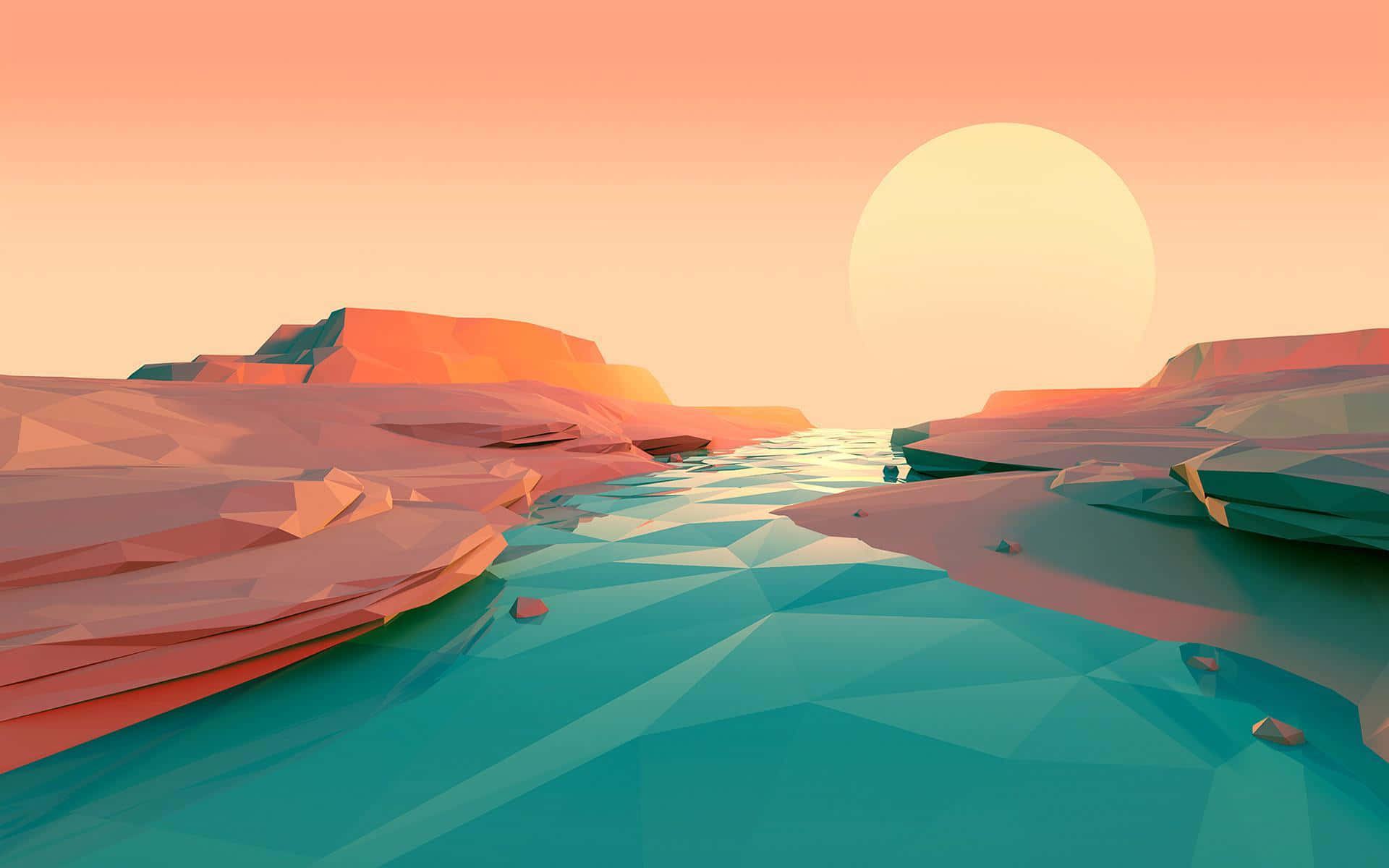 Minimalist Sunset, turquoise river, pink and orange rocky cliffs, Full HD Desktop Wallpaper