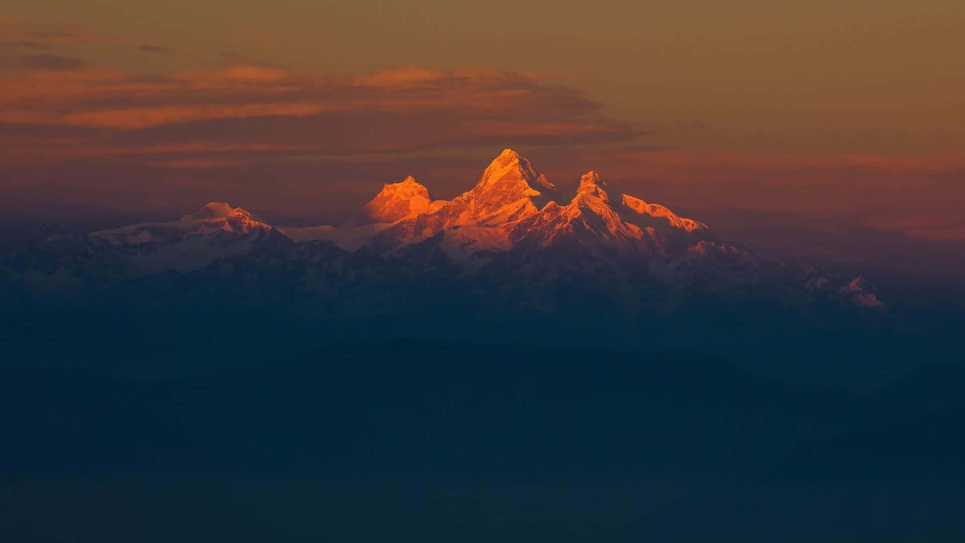 minimalist sunset, sunset, snow-capped mountain range, Full HD Desktop Wallpaper