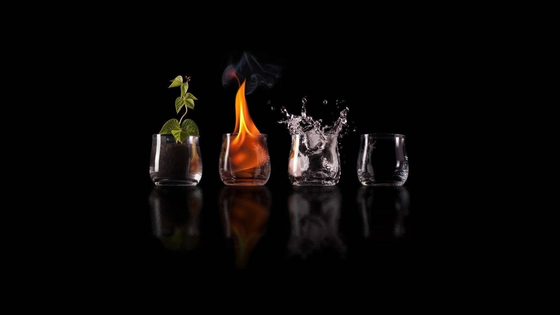 minimalist element drink, black surface, plant flame water splash, Full HD Desktop Wallpaper
