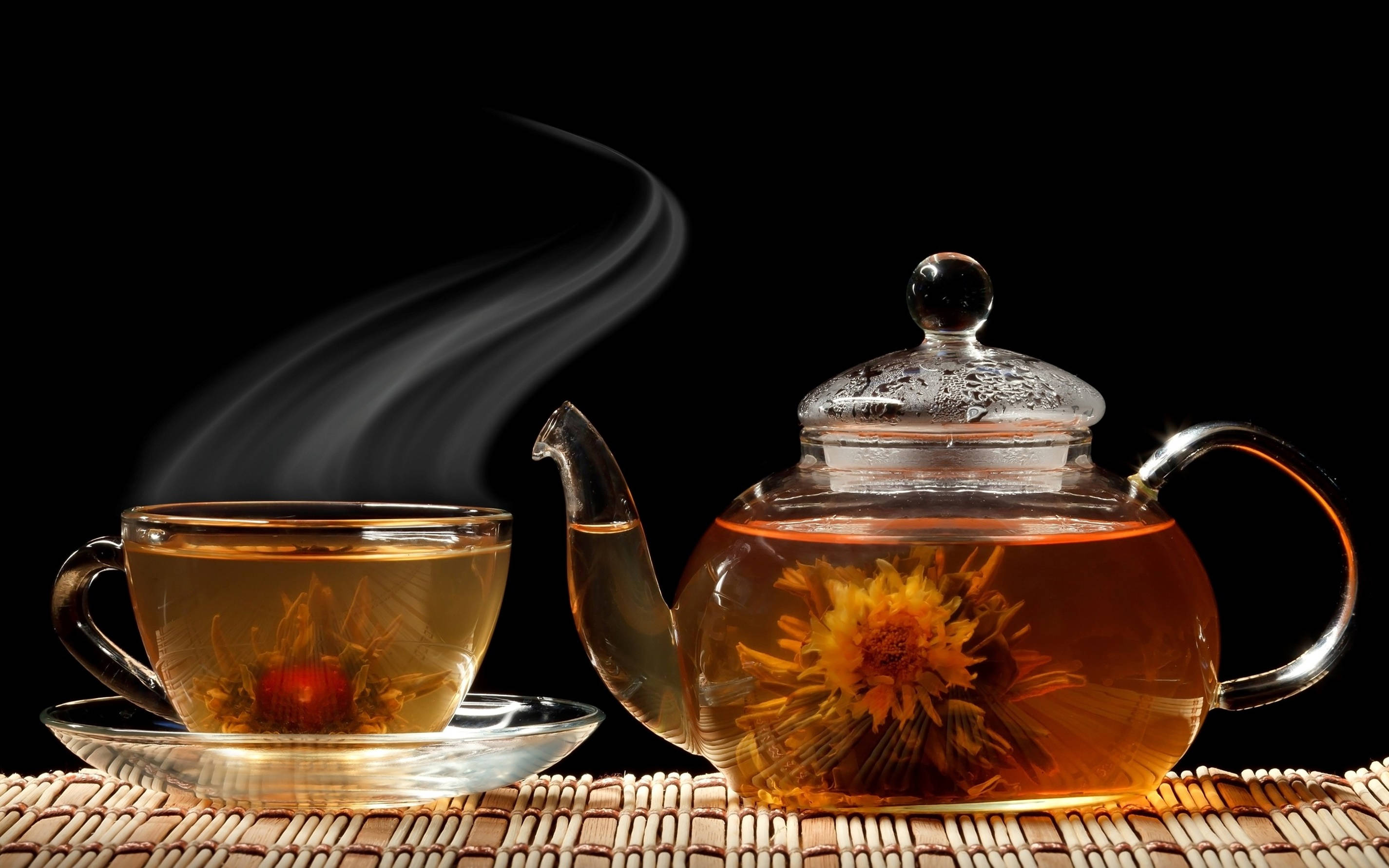 chamomile tea, glass teapot, golden herbal tea, 2K Desktop Wallpaper