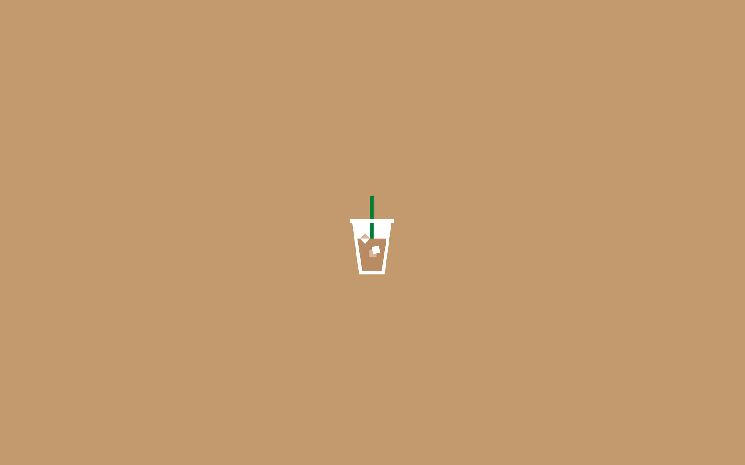 minimalist white iced coffee cup, green straw, solid tan background, 2K Desktop Wallpaper