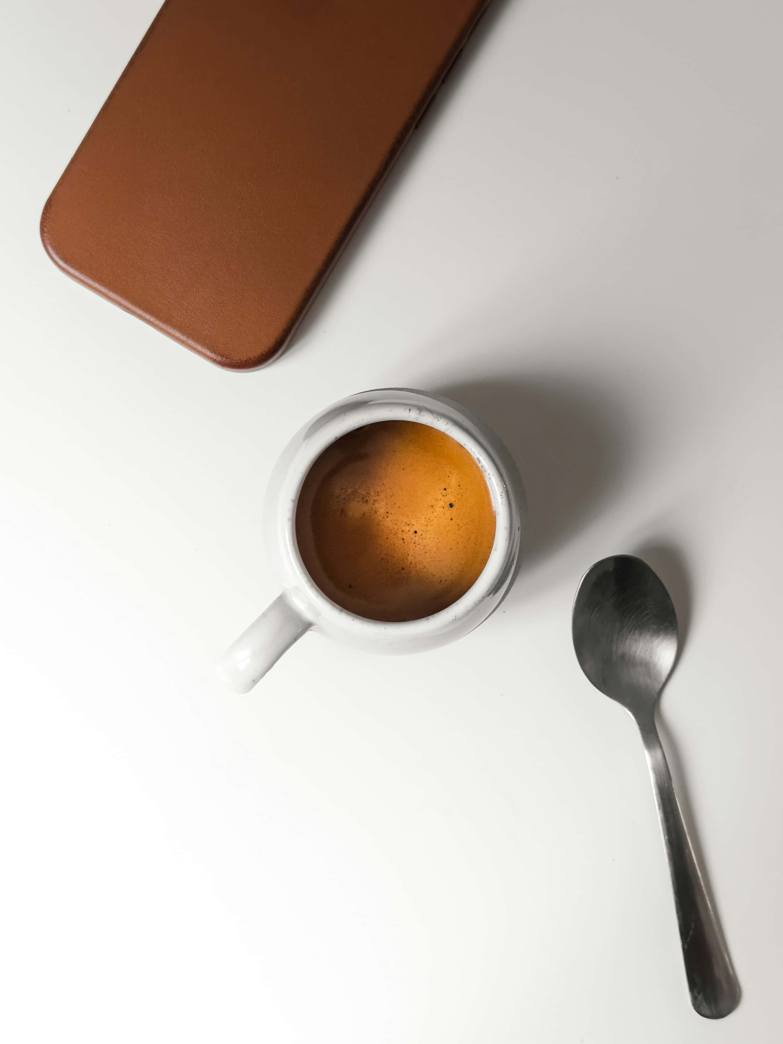 white ceramic mug, espresso, metal spoon, 4K Phone Wallpaper