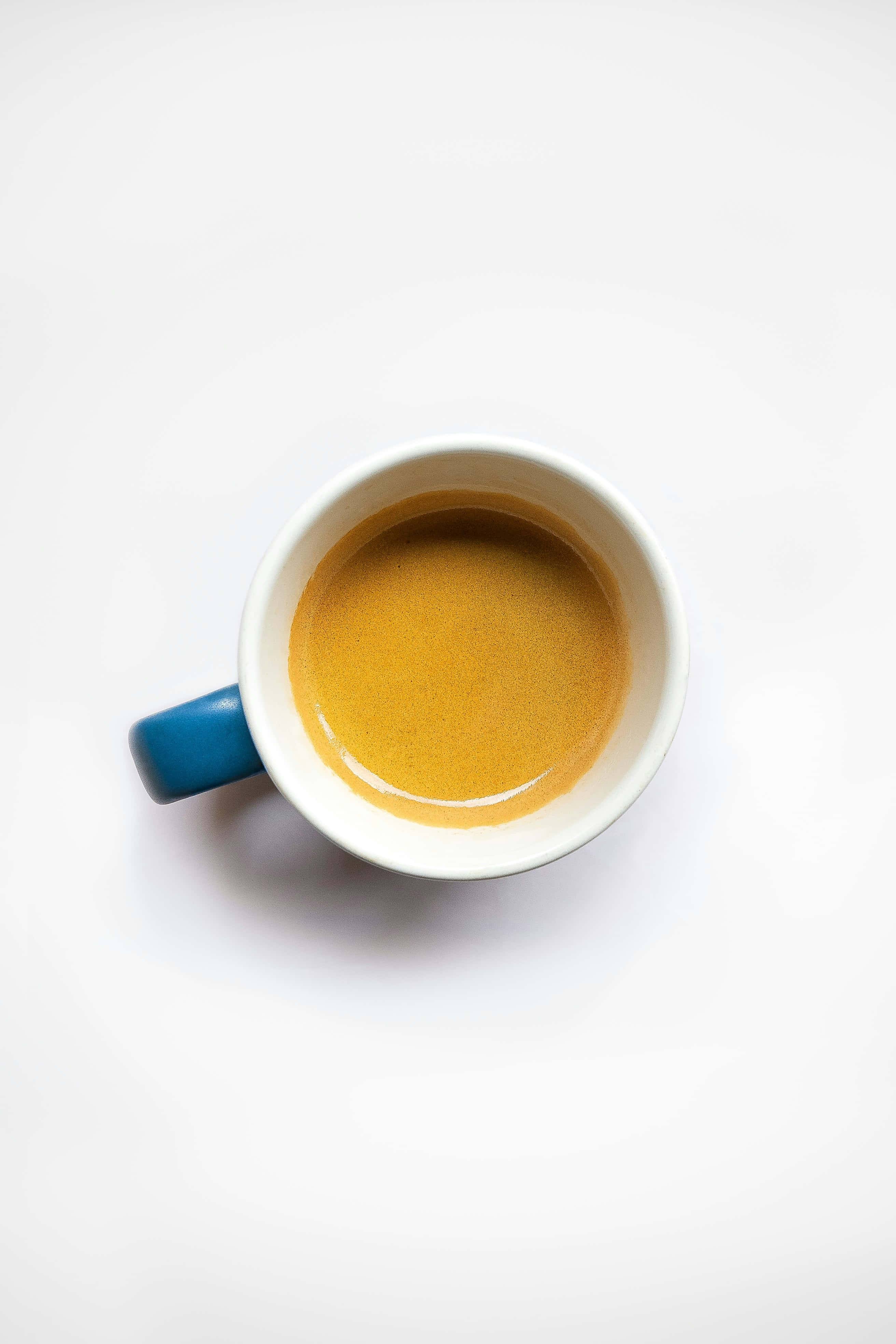 white ceramic mug, blue handle, golden espresso, 4K Phone Wallpaper