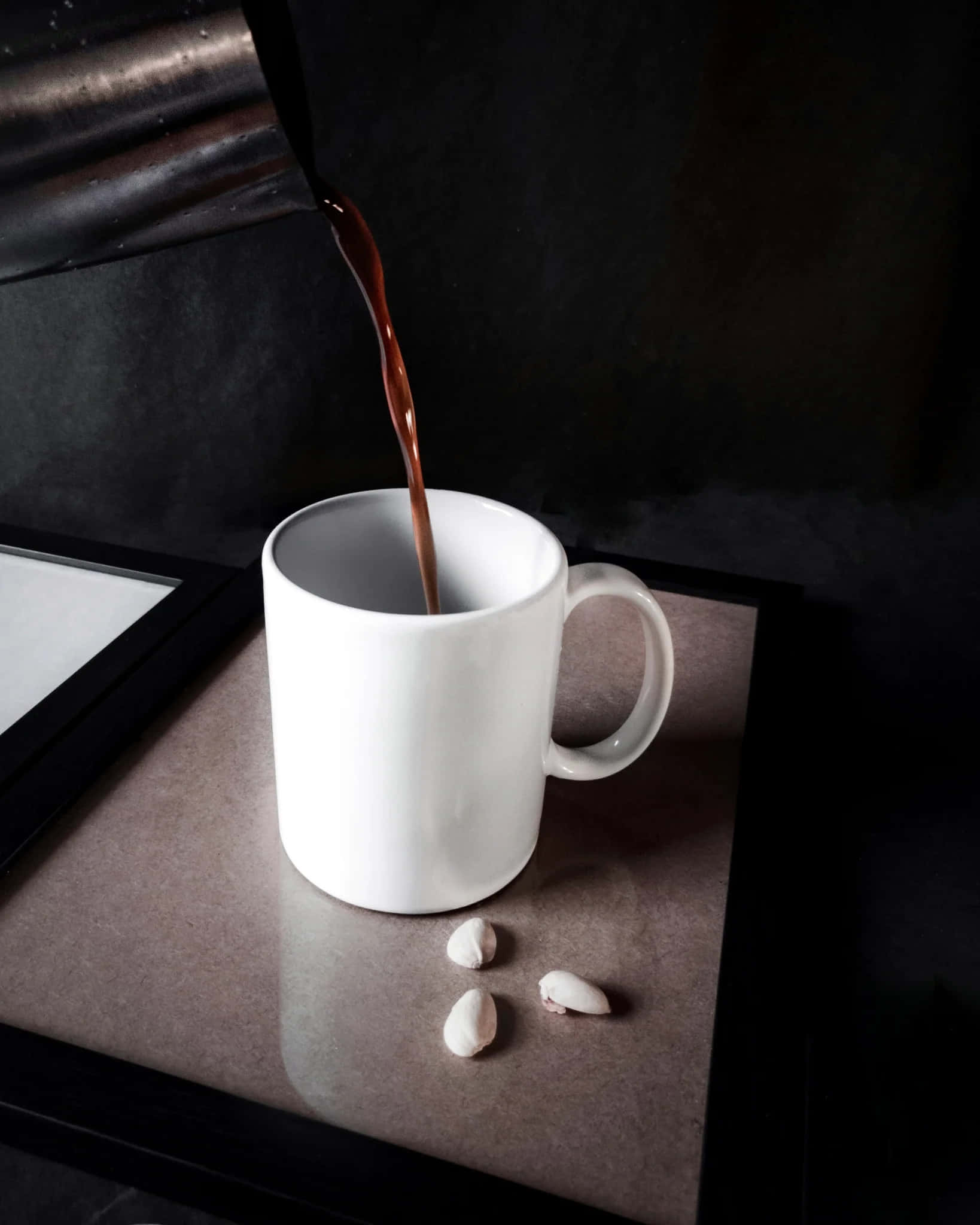 metal kettle, white mug, reflective surface, Full HD Phone Wallpaper