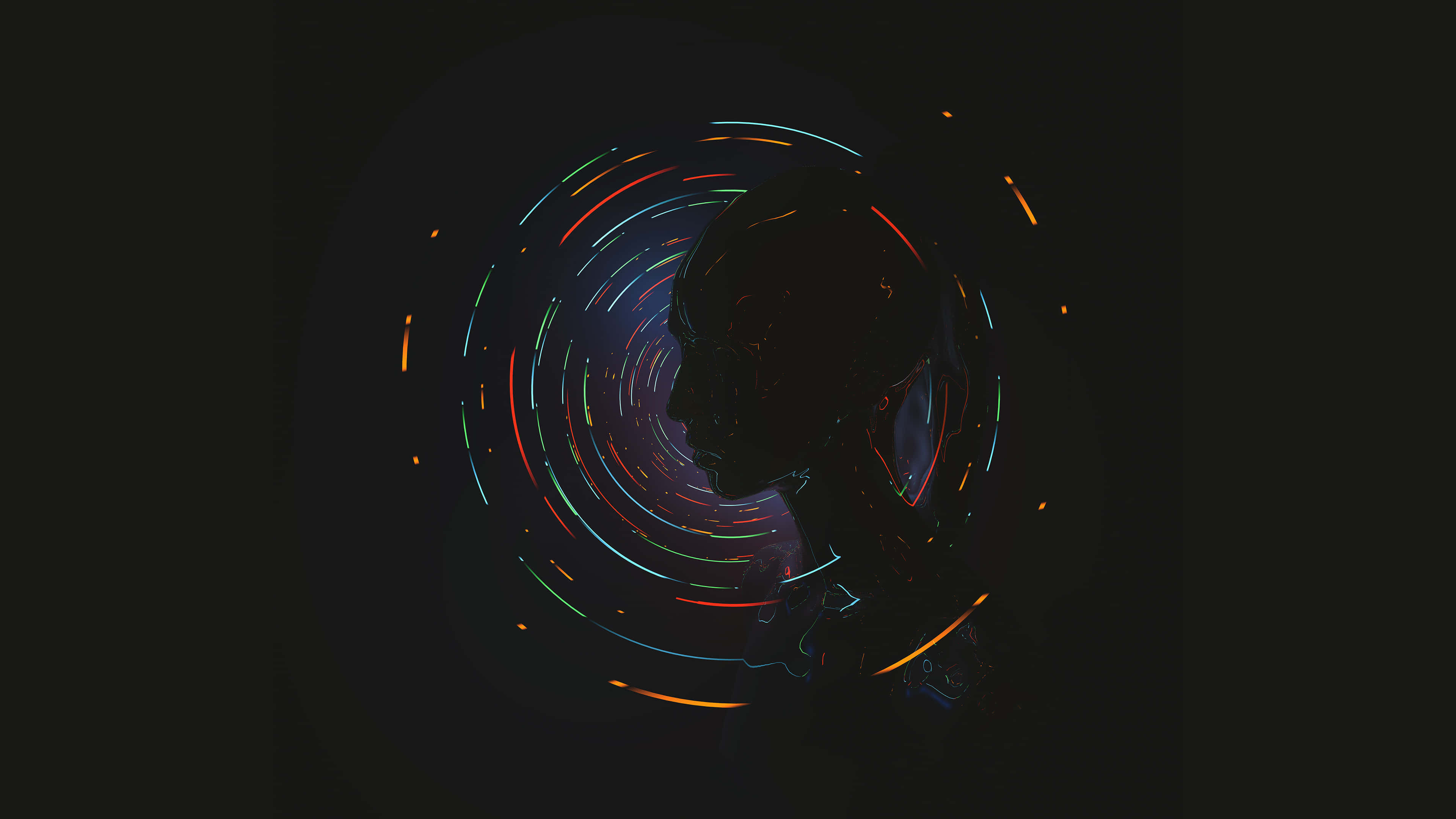 Minimalist Technology, neon light trails, black background, 4K Desktop Wallpaper