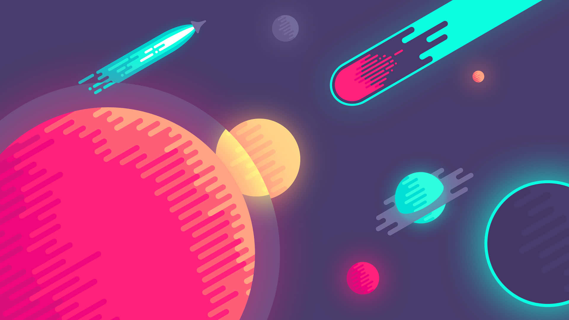 Minimalist Technology, neon planets, streaking comets, Full HD Desktop Wallpaper