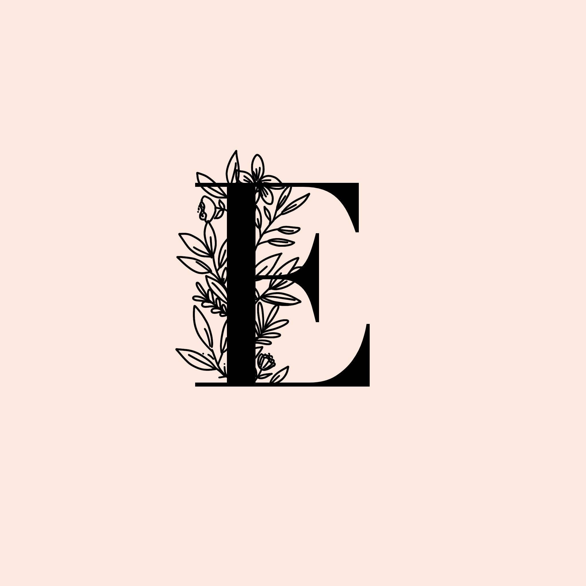 minimalist letter E, delicate floral line art, soft peach background, Full HD Desktop Wallpaper