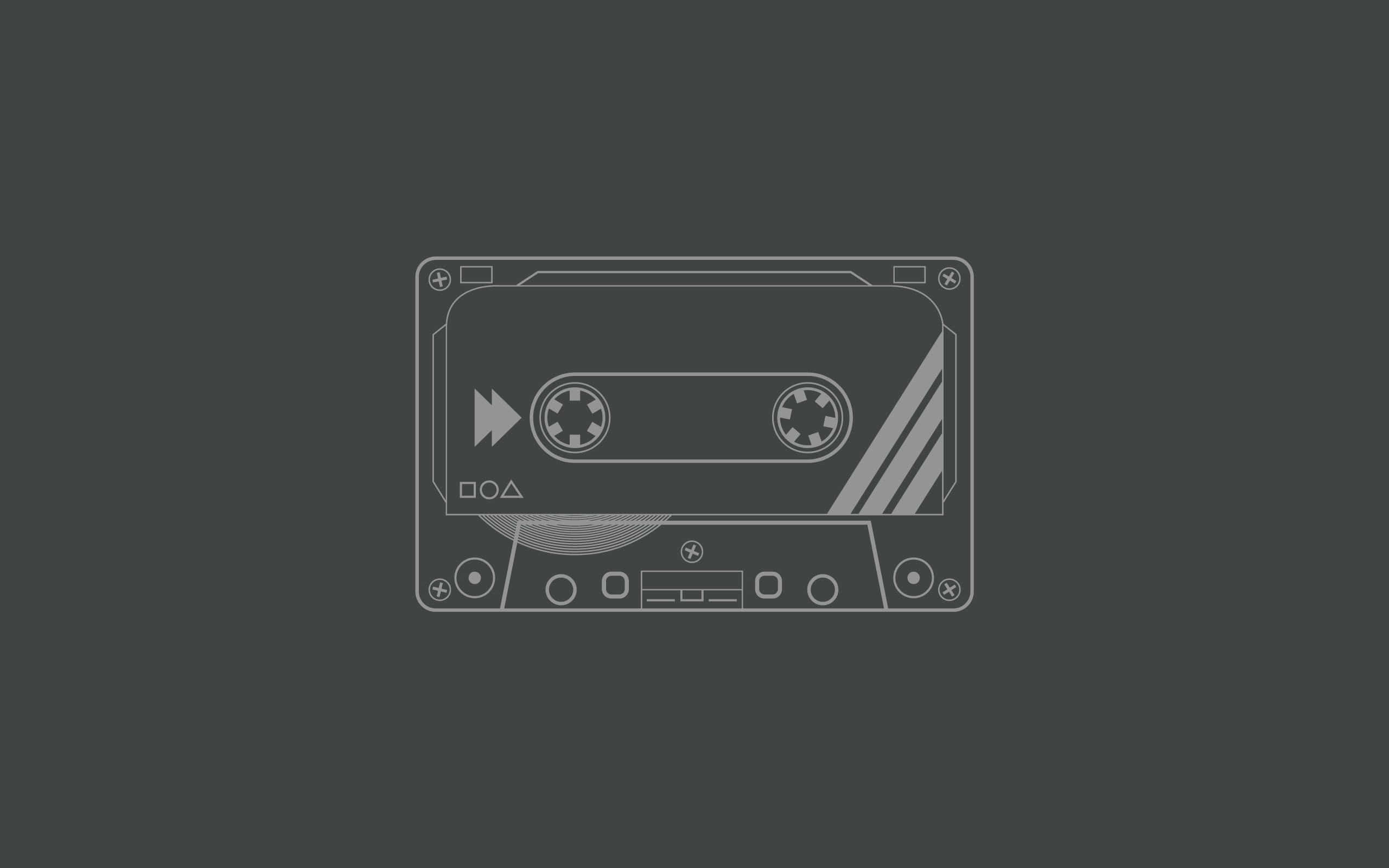 minimalist vintage, cassette tape icon, dark gray background, 2K Desktop Wallpaper