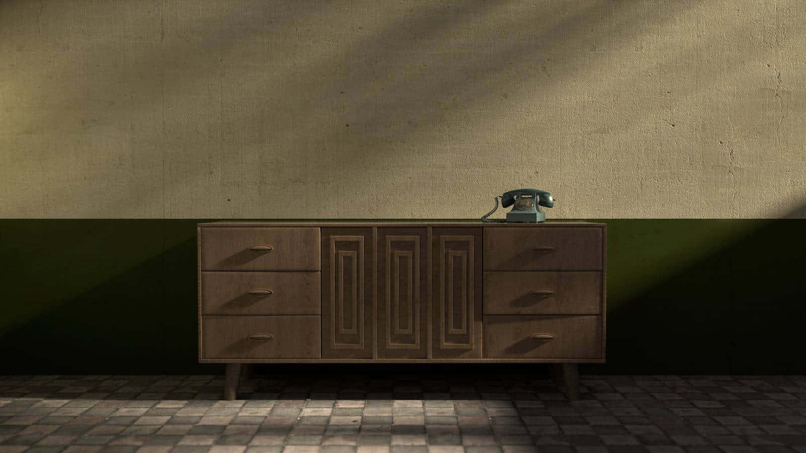 vintage wooden sideboard, retro telephone, dramatic sunlight, HD Desktop Wallpaper