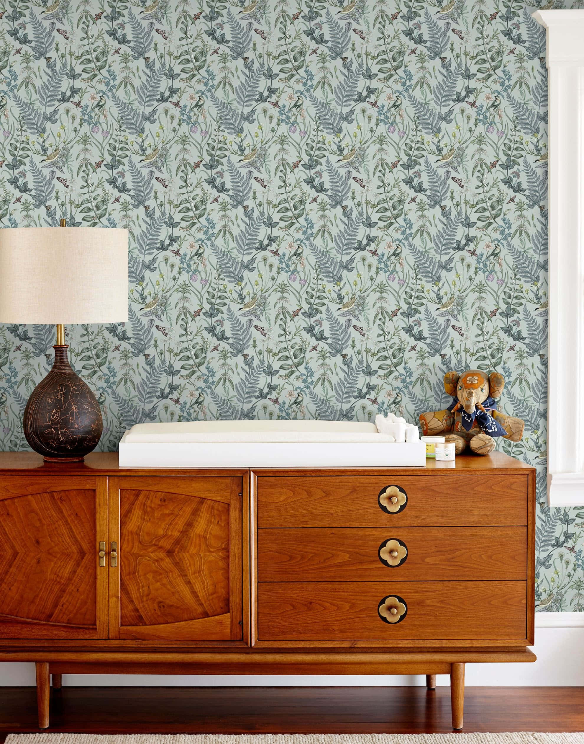 mid-century wooden dresser, changing pad, teddy bear, Full HD Phone Wallpaper