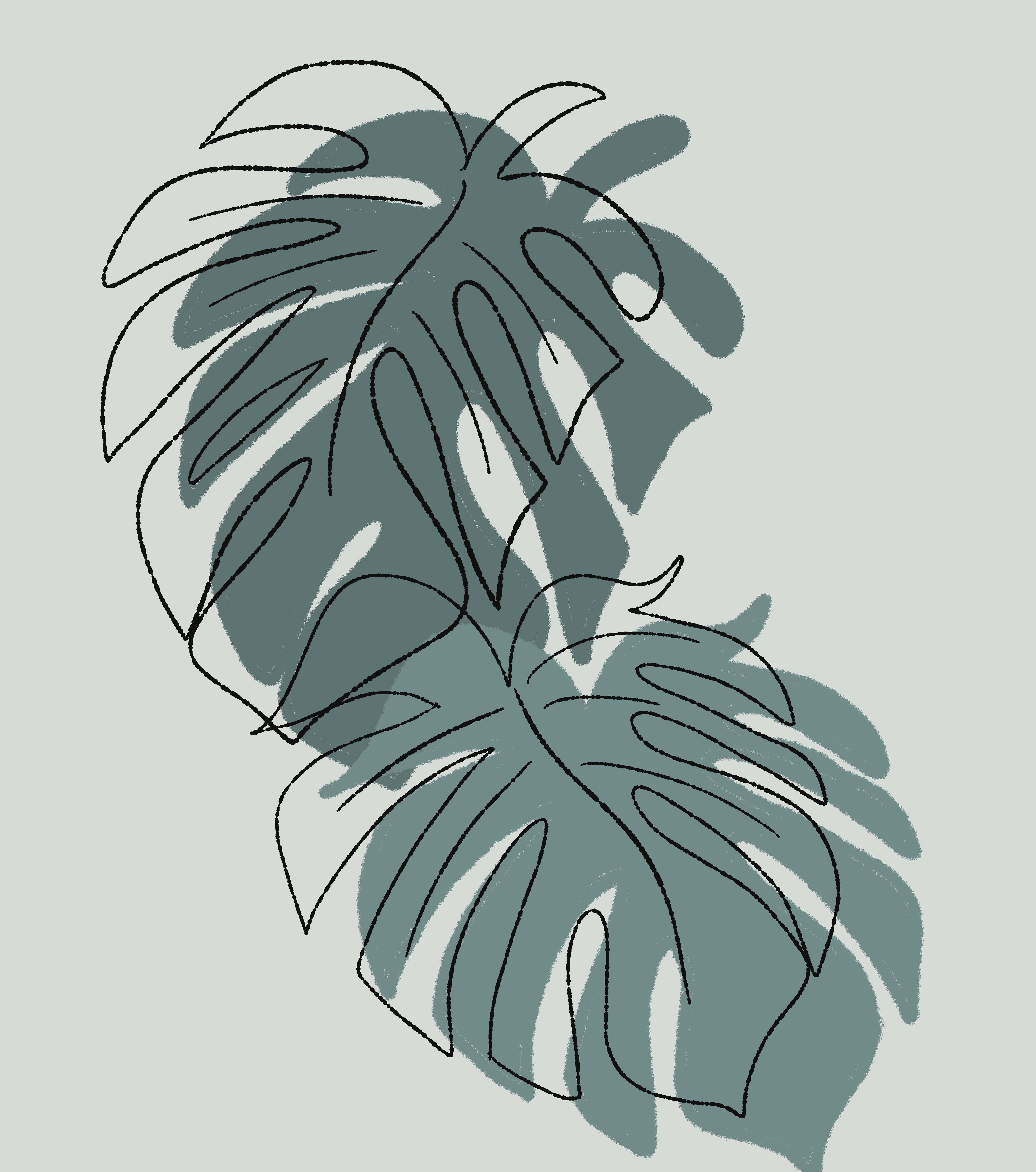 minimalist painting, monstera leaves, bold black outlines, 5K Phone Wallpaper