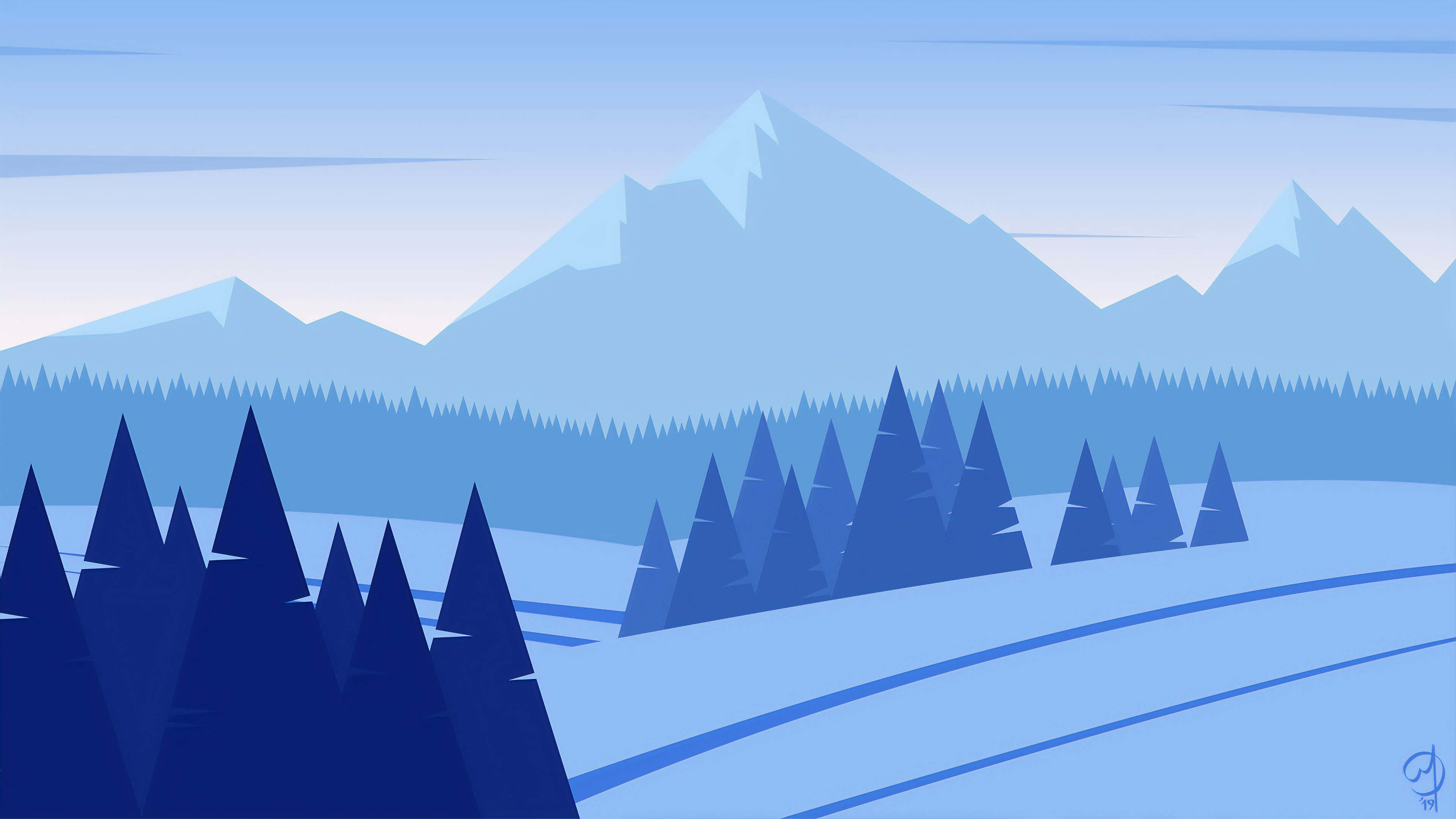 minimalist winter, snow-capped mountains, pine trees, 4K Desktop Wallpaper