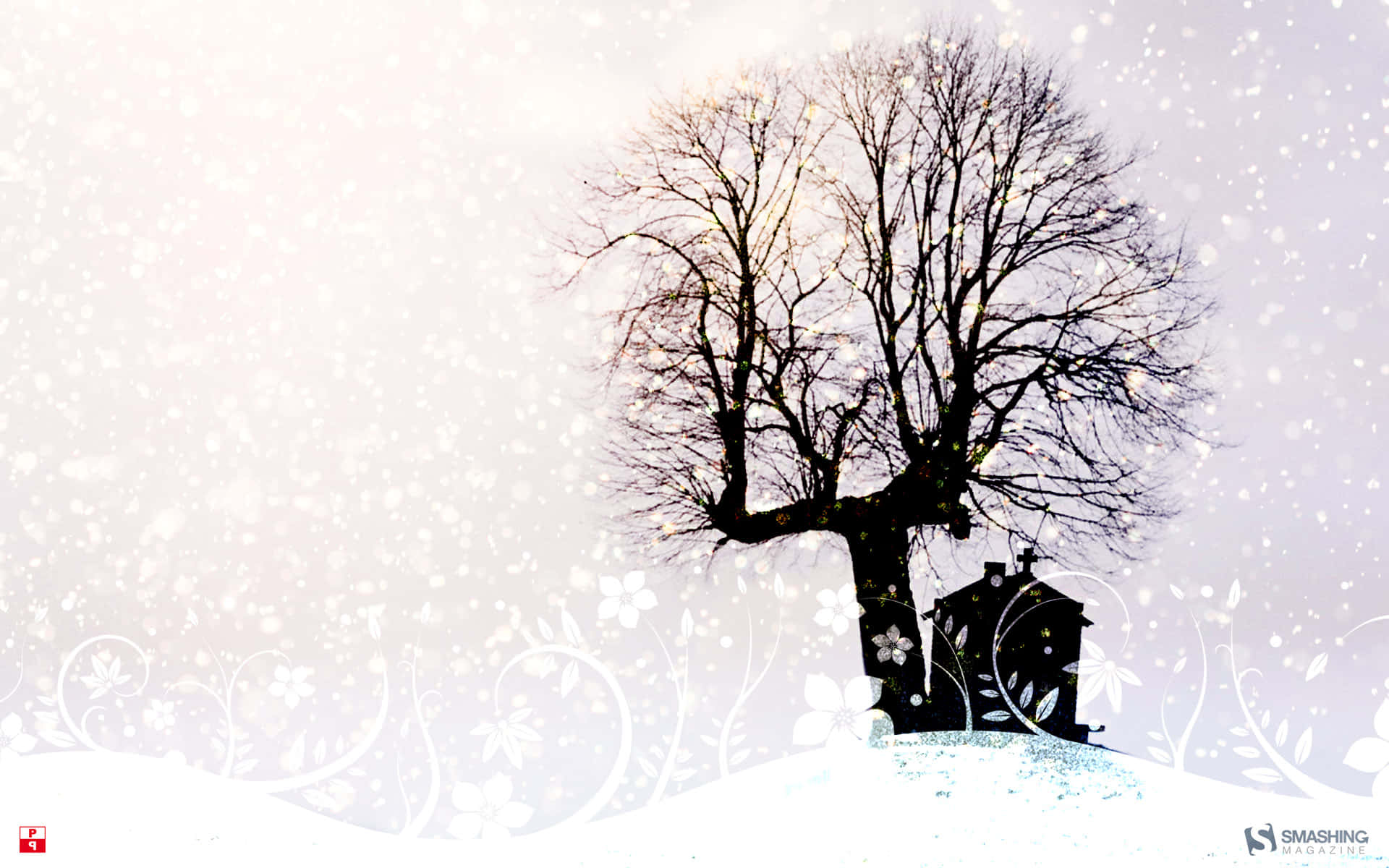minimalist winter, bare tree, small house, Full HD Desktop Wallpaper