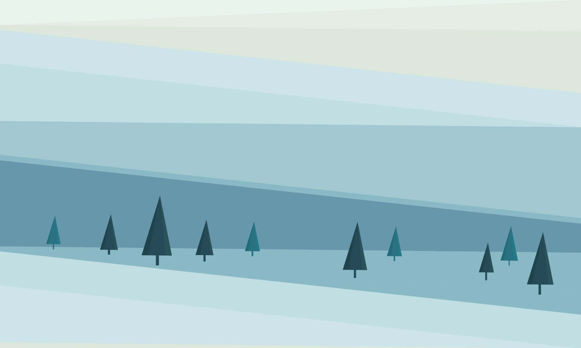 Minimalist Winter, evergreen trees, blue and white hills, Full HD Desktop Wallpaper