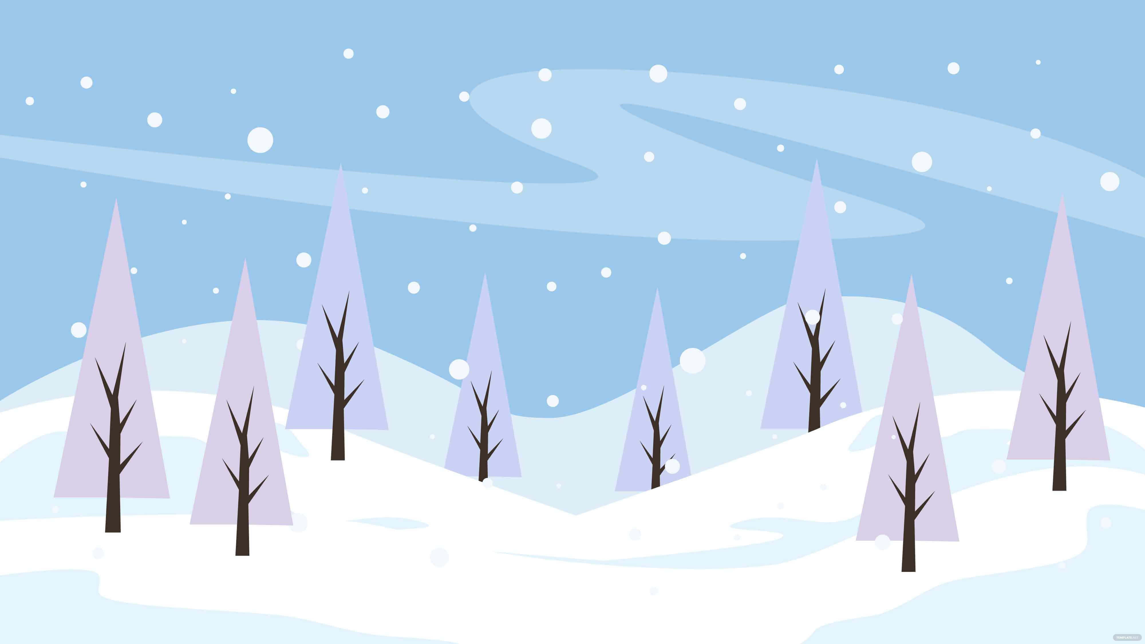 Minimalist Winter, purple-tinted pine trees, snow-covered hills, 4K Desktop Wallpaper