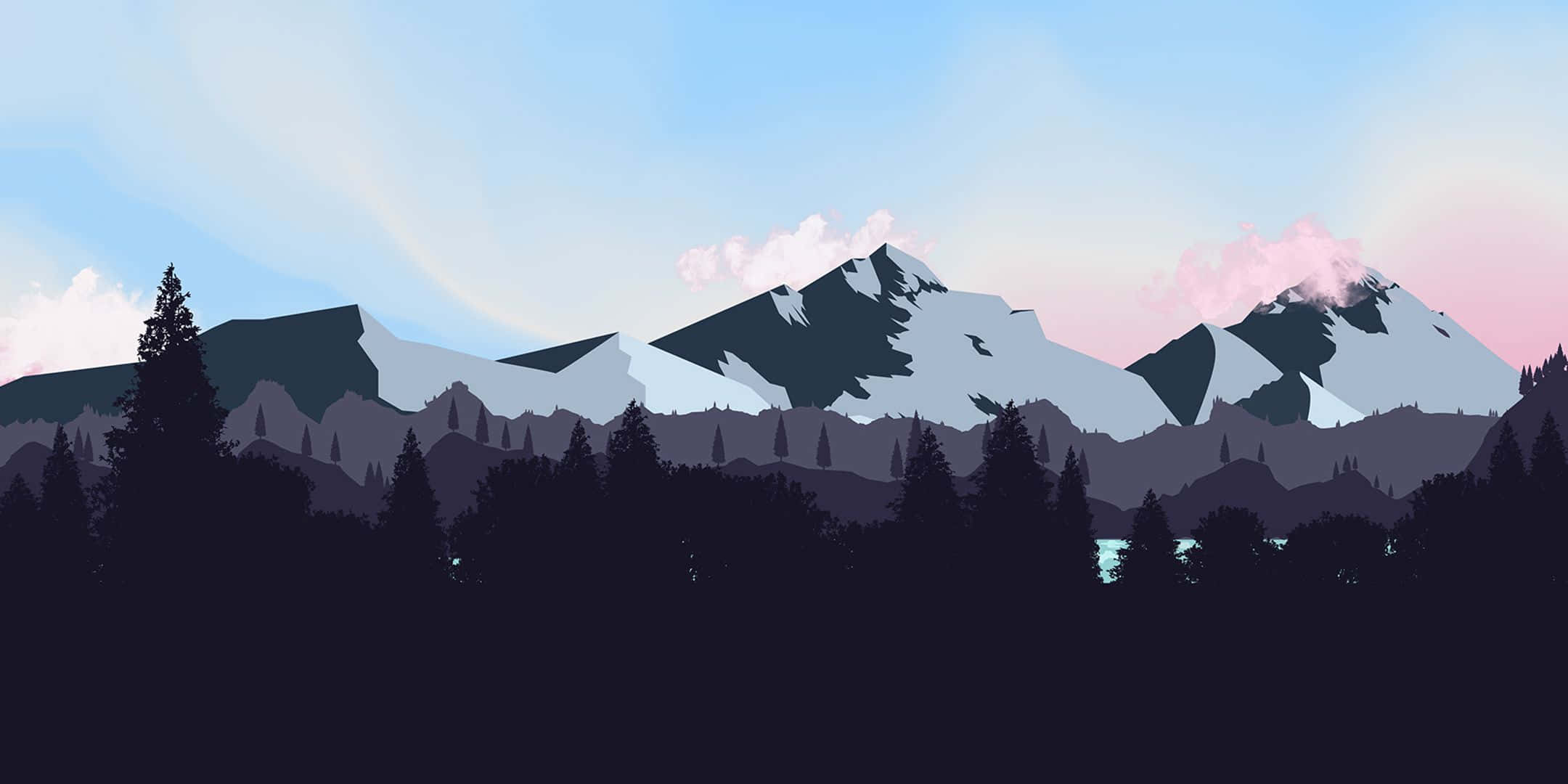 minimalist winter, pine trees, snow-capped mountains, Full HD Desktop Wallpaper