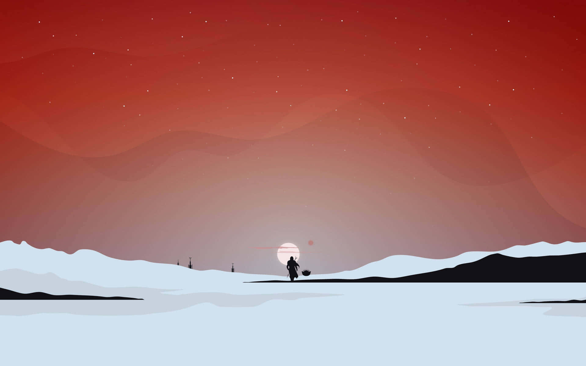 minimalist winter, snowy plain, vast red starry sky, Full HD Desktop Wallpaper
