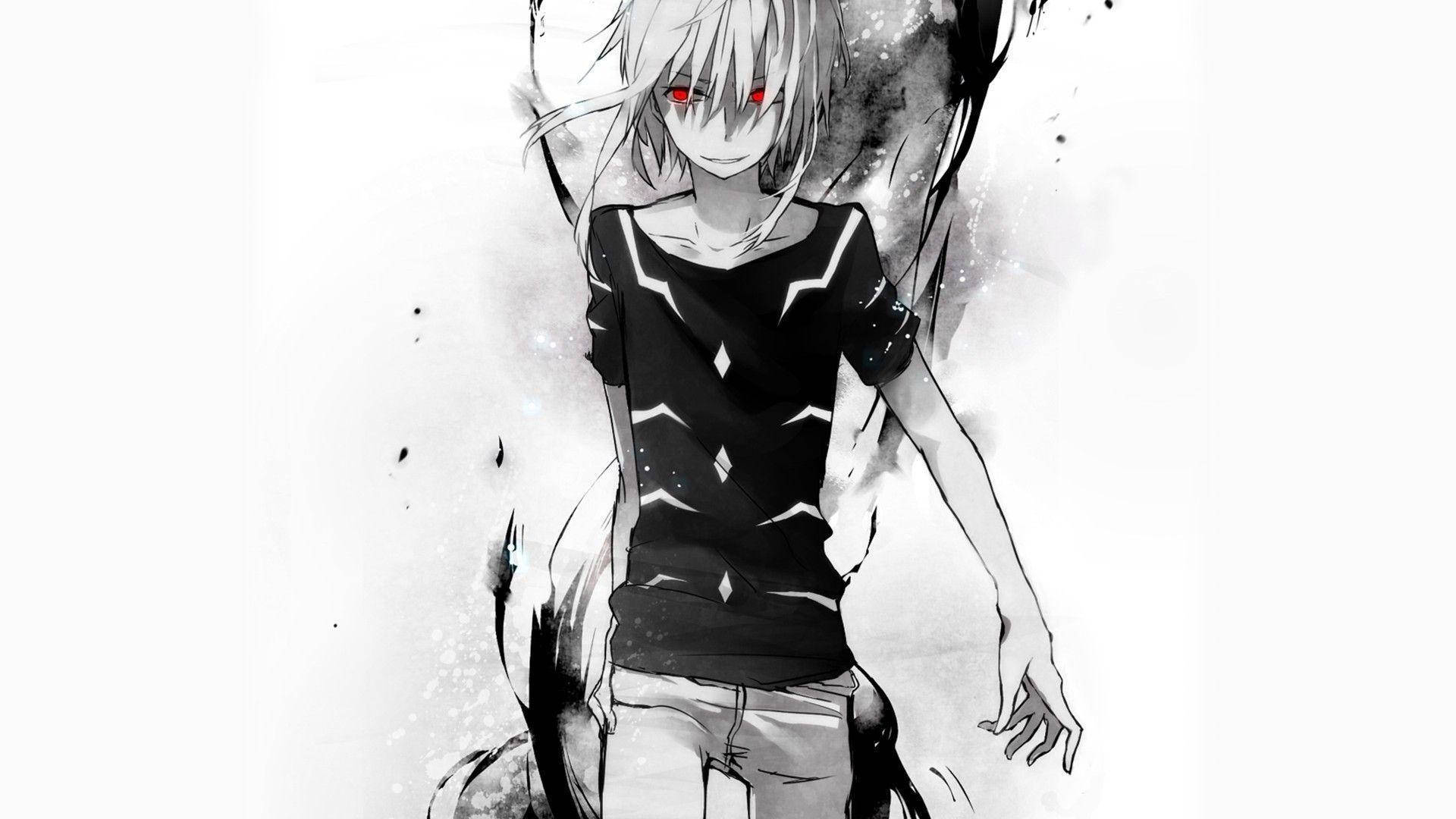 black and white anime boy, white hair, glowing red eyes, Full HD Desktop Wallpaper