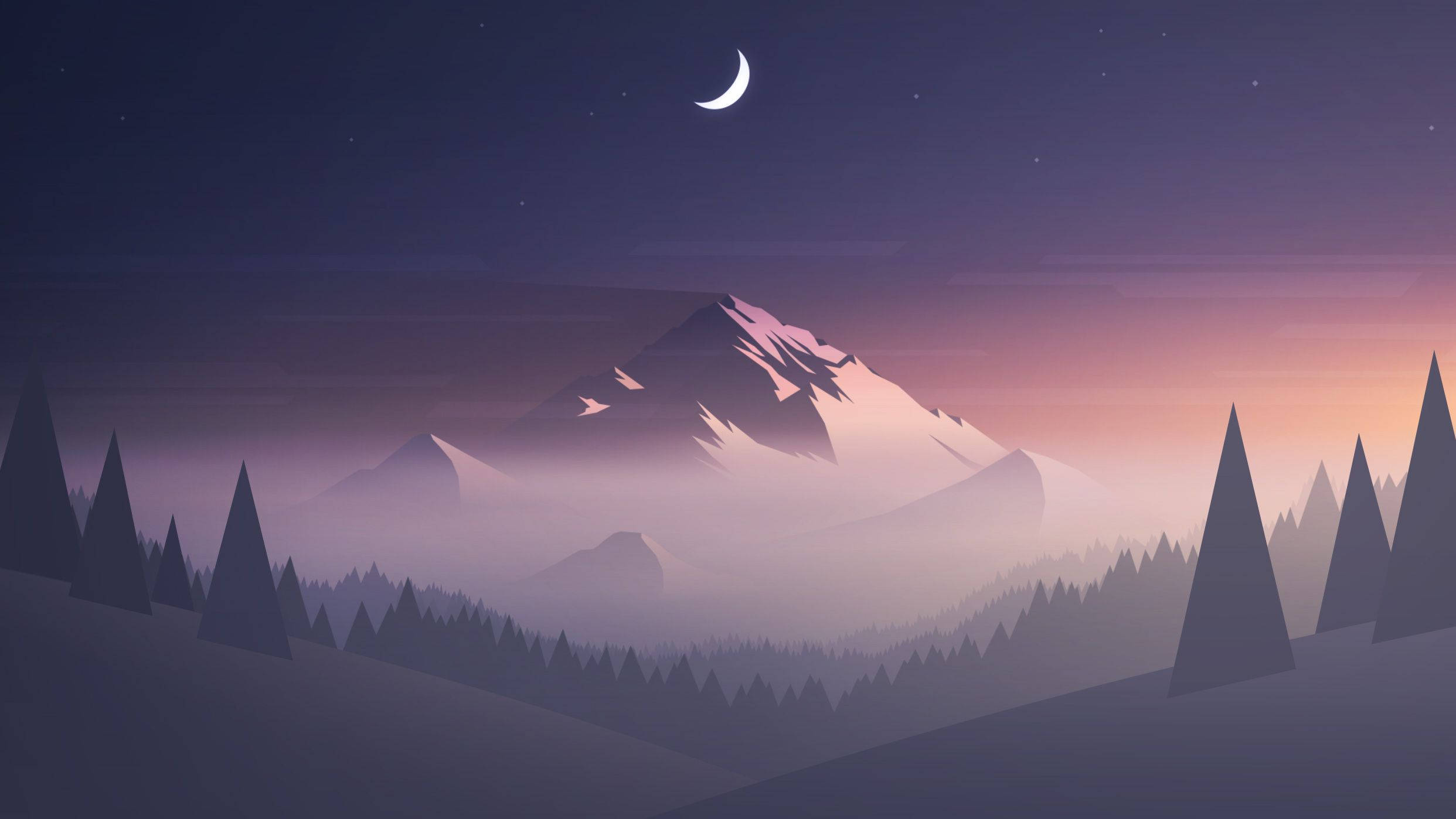 foggy mountain, crescent moon, misty pine forests, Full HD Desktop Wallpaper