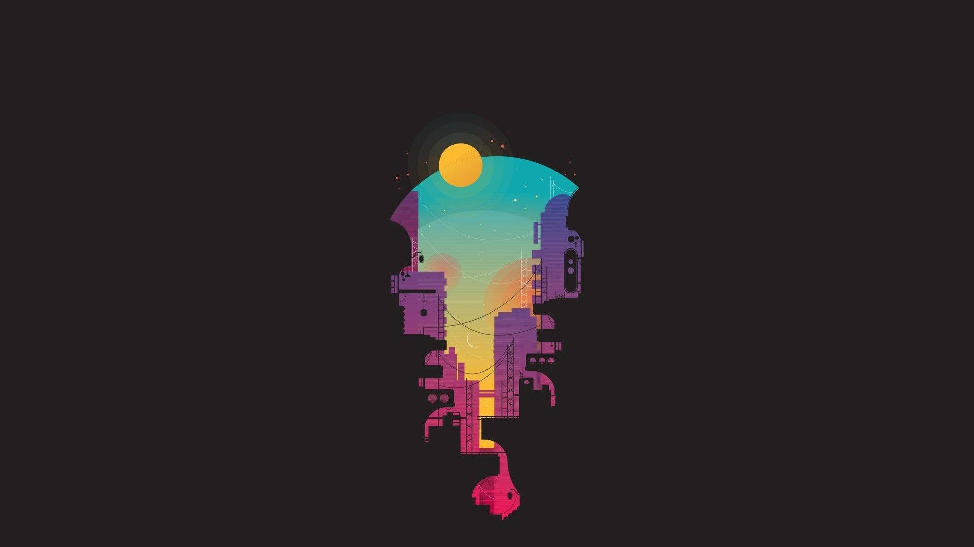 minimalist city buildings, cityscape silhouette, vibrant gradient hues, Full HD Desktop Wallpaper