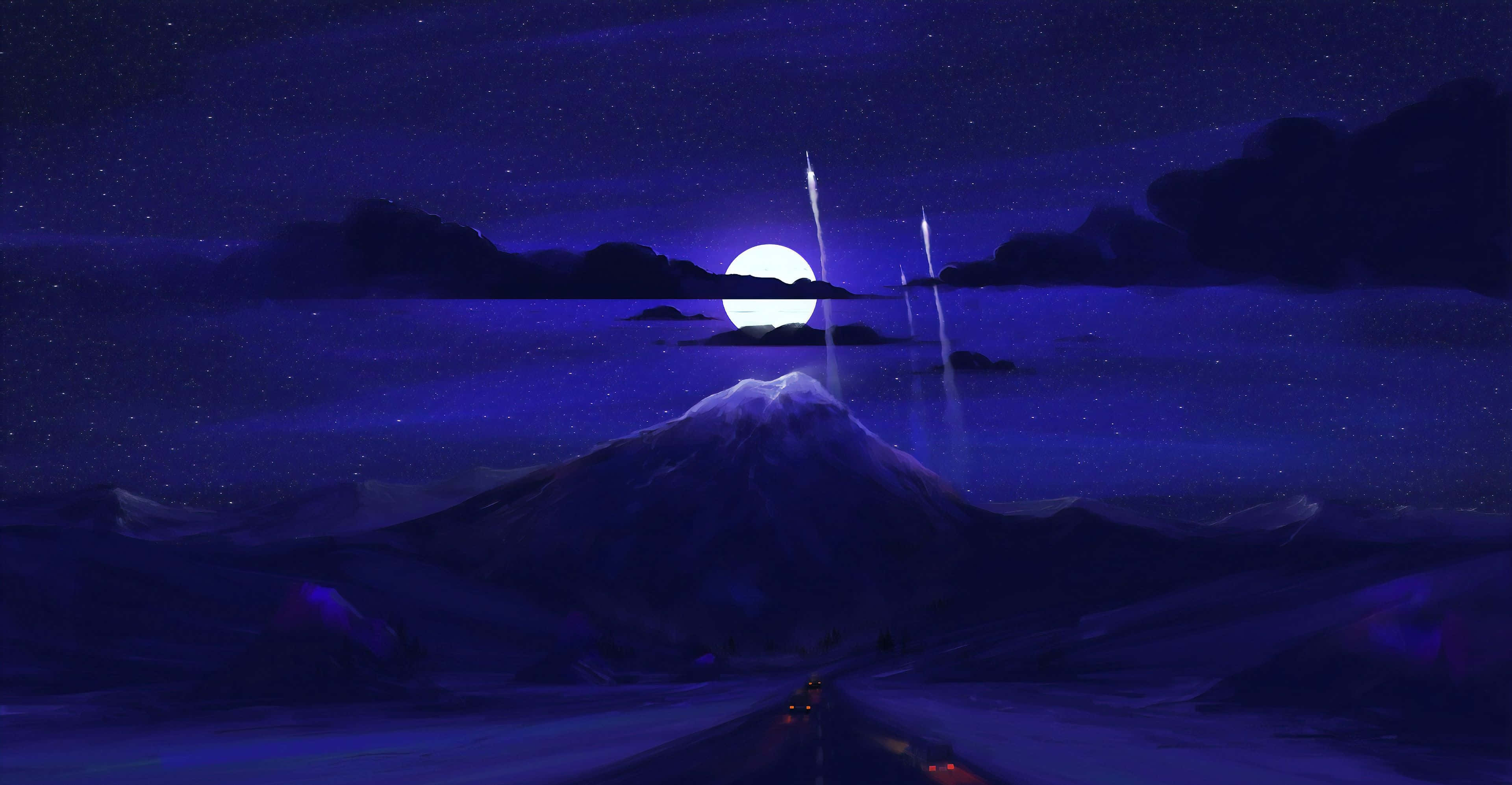 full moon, snow-capped mountain, starry night sky, 4K Desktop Wallpaper