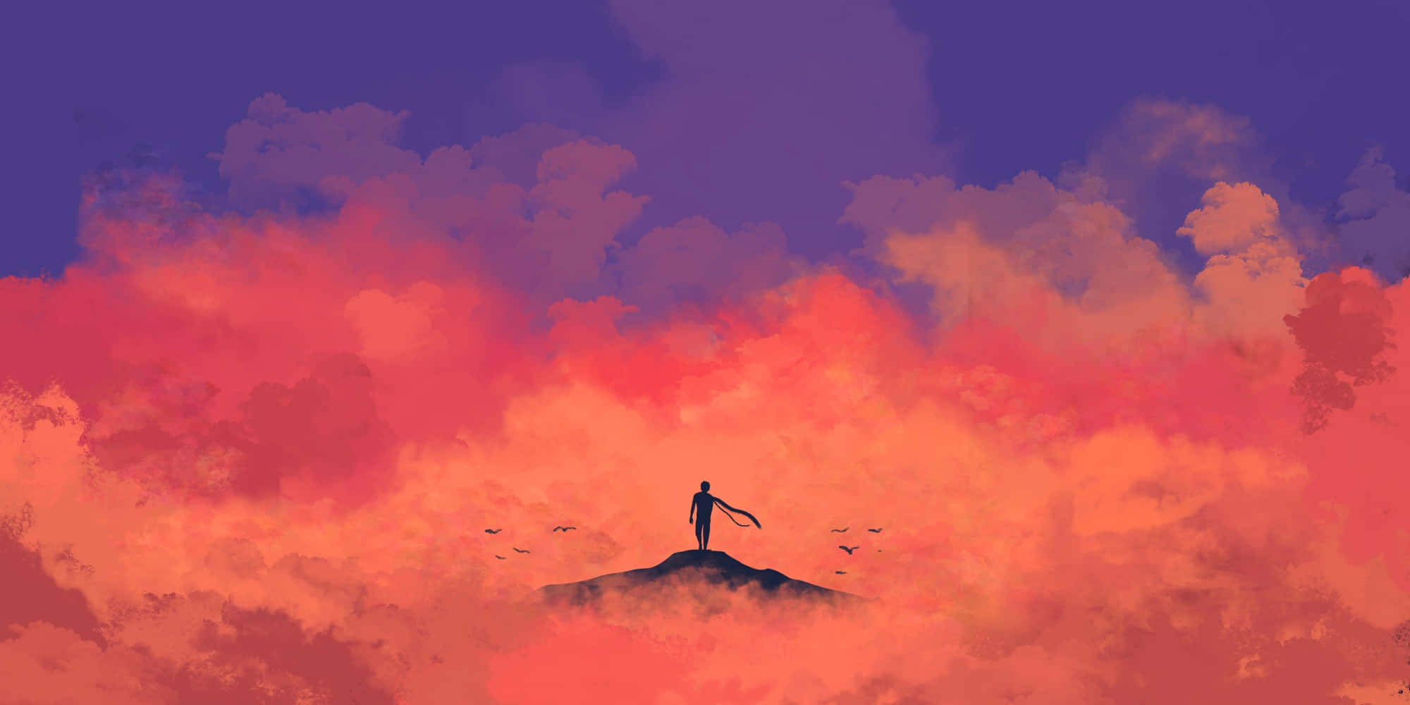 solitary figure, crimson skies, vibrant sunset, Full HD Desktop Wallpaper