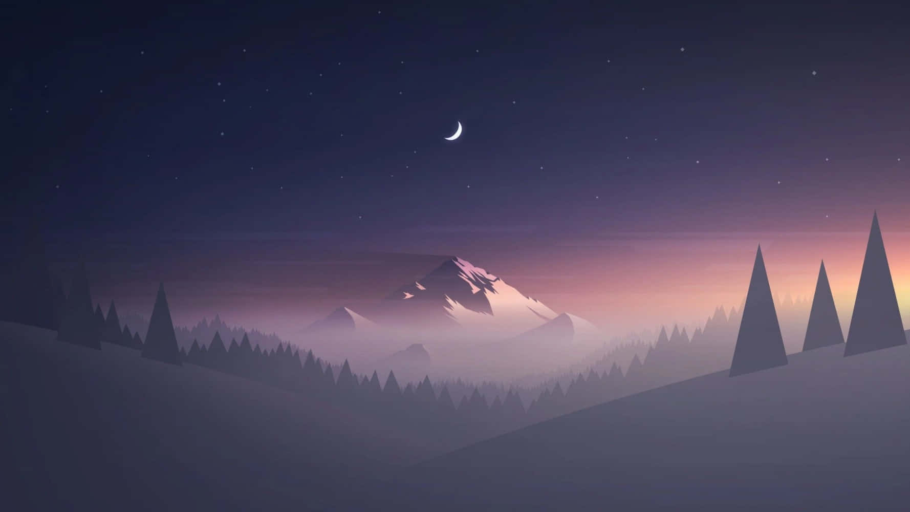 crescent moon, stars, snow-capped mountain range, HD Desktop Wallpaper