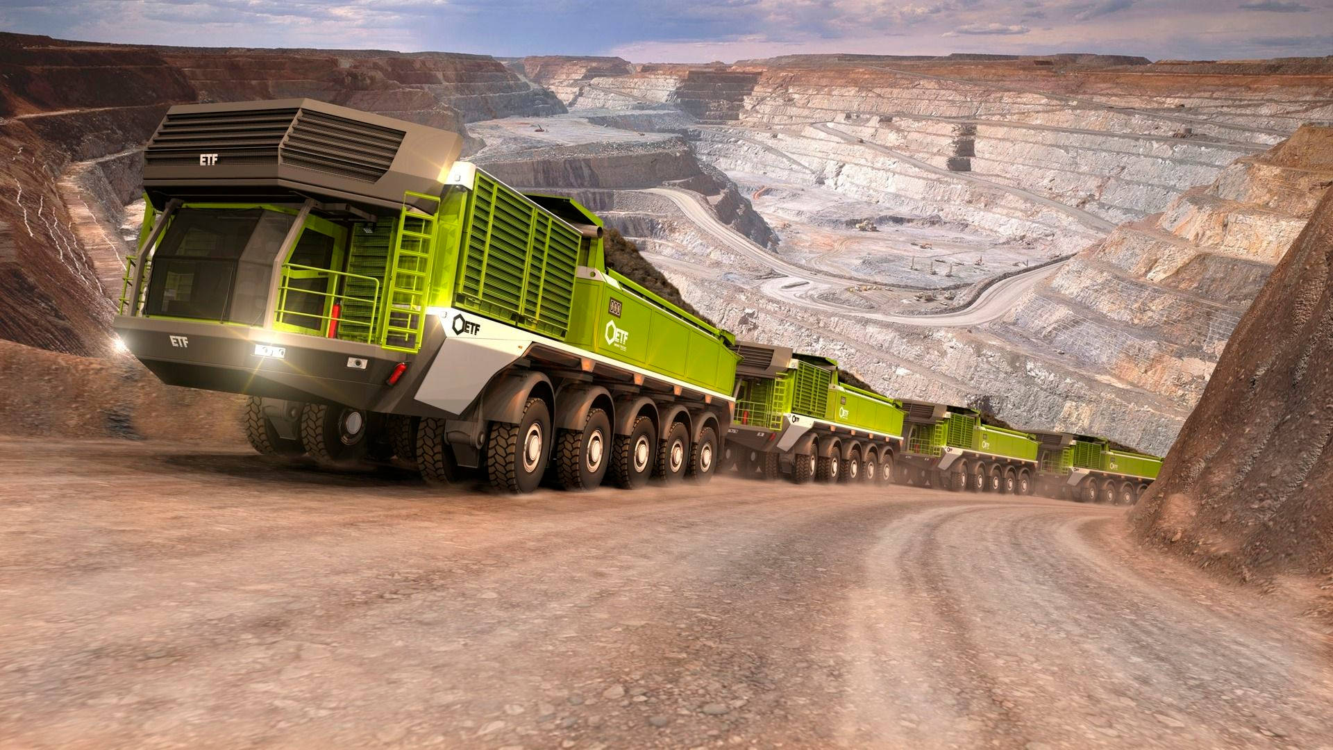 lime-green mining trucks, vast open-pit mine, dusty road, Full HD Desktop Wallpaper