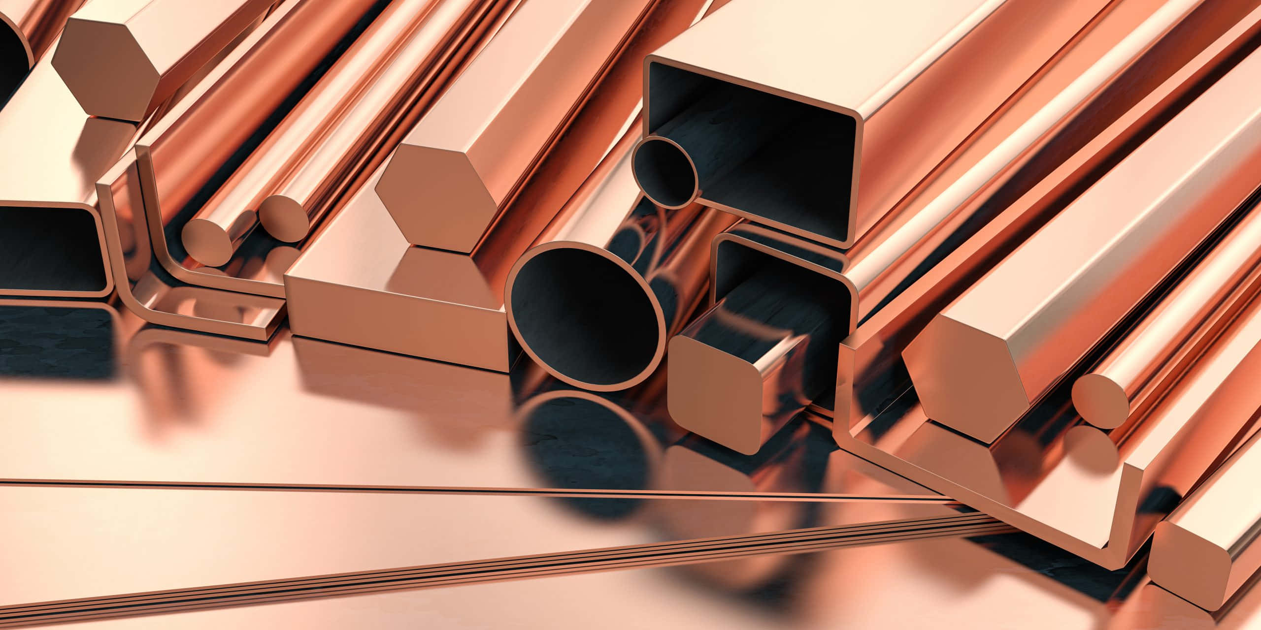 modern copper mine facility, serene landscape, shiny copper metal bars, 2K Desktop Wallpaper