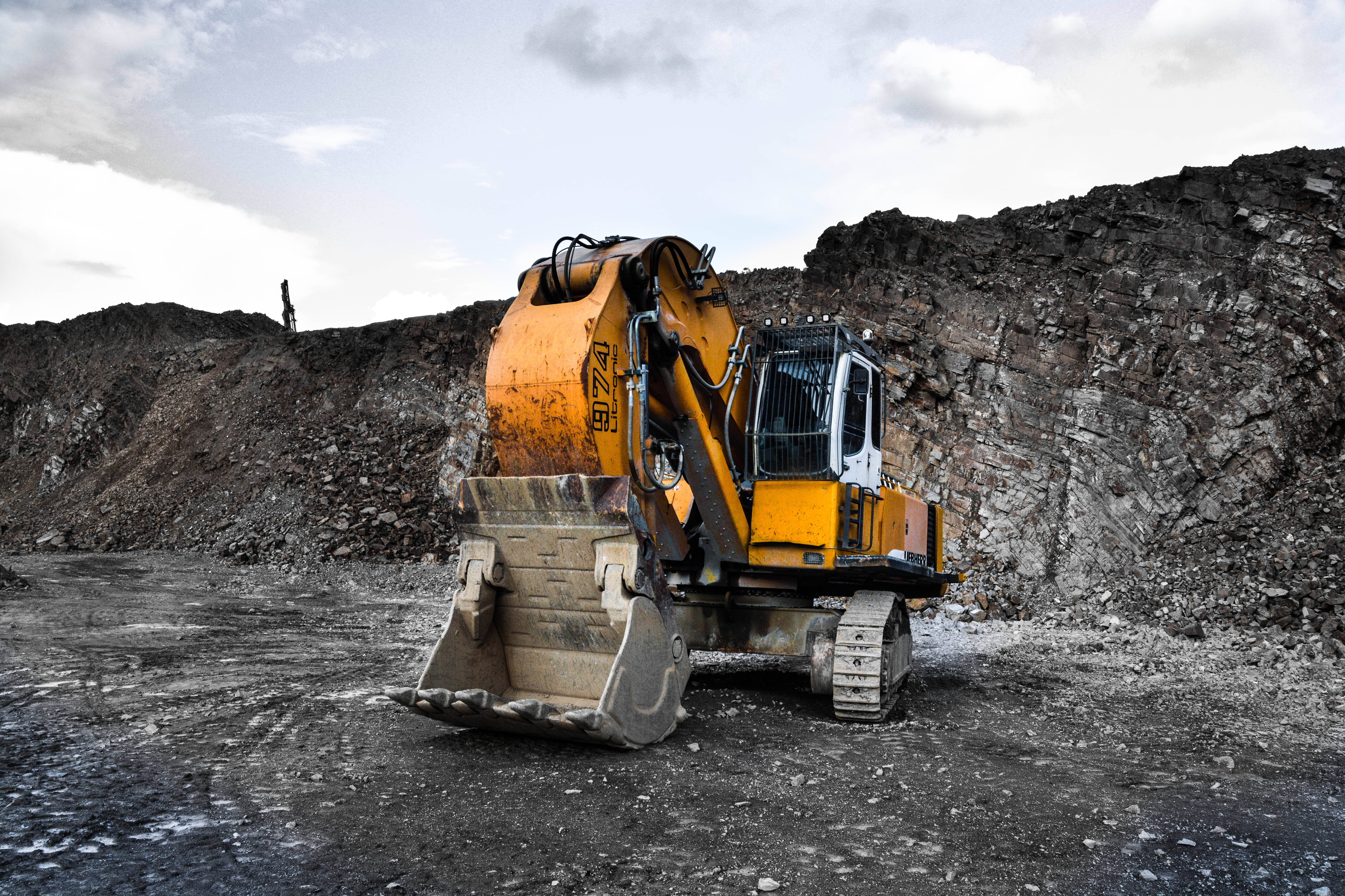 mining backhoe, yellow excavator, rugged quarry, 5K Desktop Wallpaper