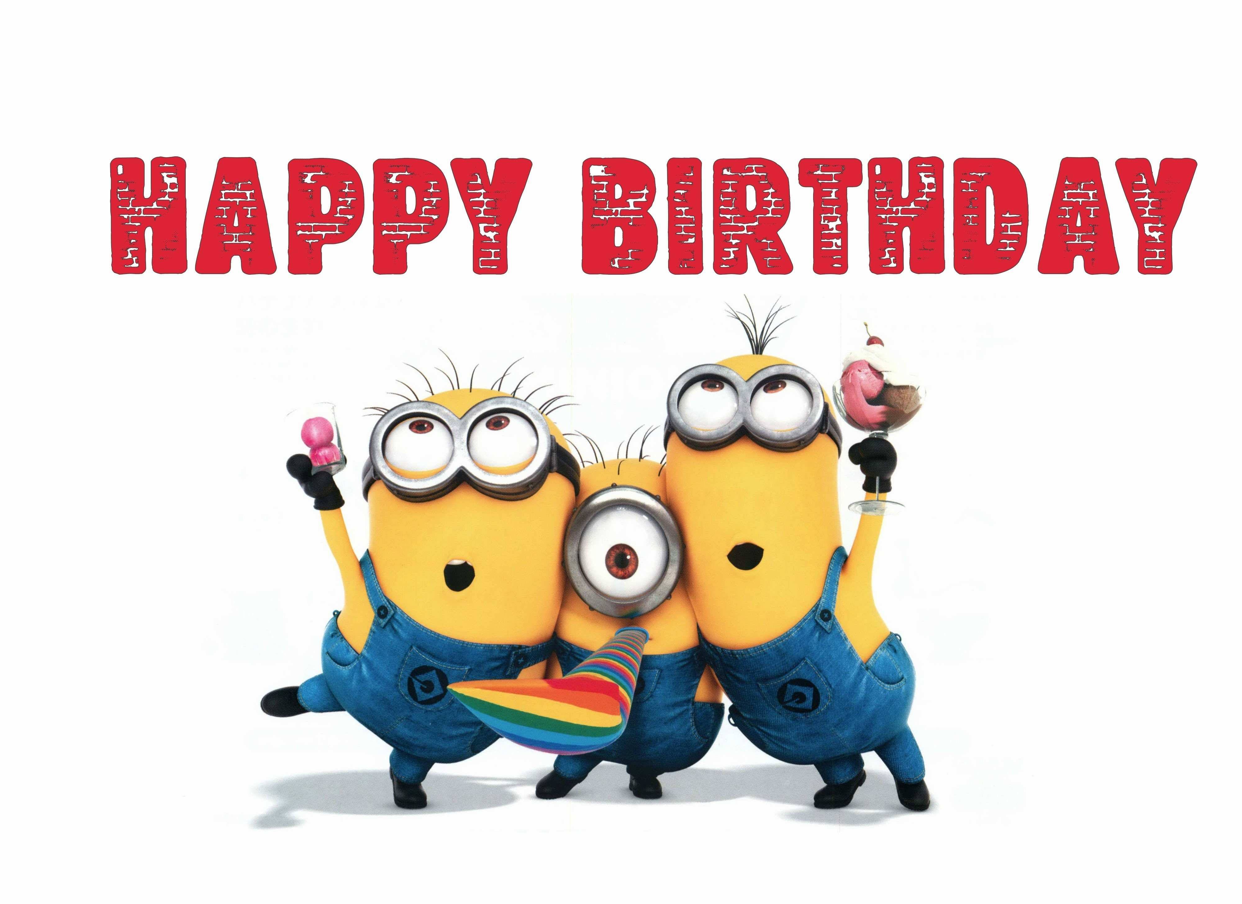 Minion, red birthday lettering, rainbow balloons, 4K Desktop Wallpaper