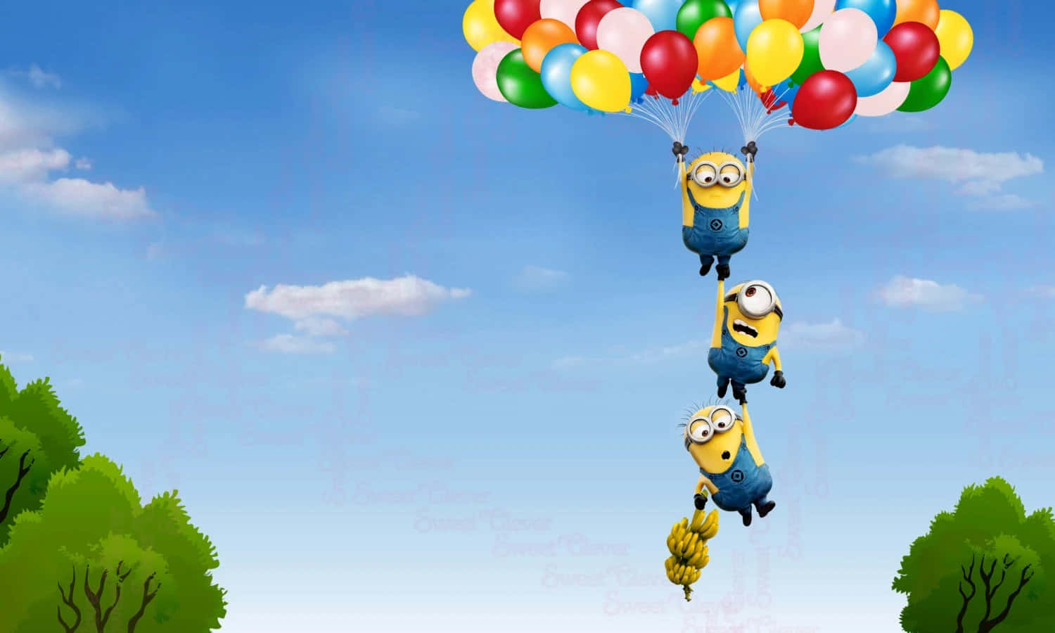 Minion, colorful balloons, bright blue sky, HD Desktop Wallpaper