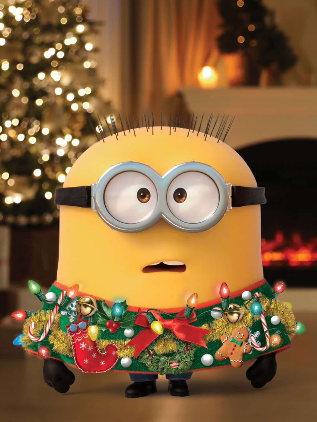 Minion, Christmas wreath, lit tree, HD Phone Wallpaper